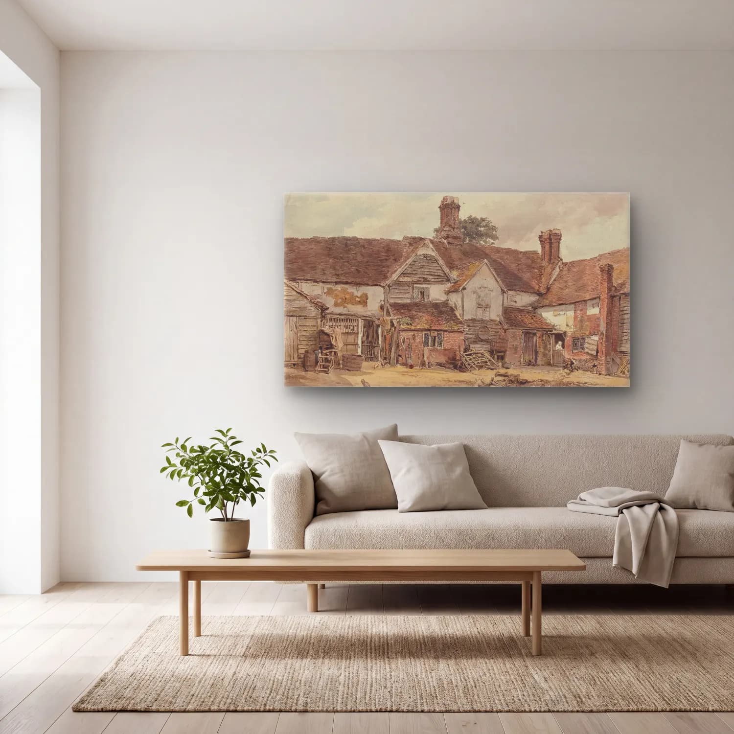 William Henry Hunt – Old Farm Buildings cam tablo — açık renk salonda