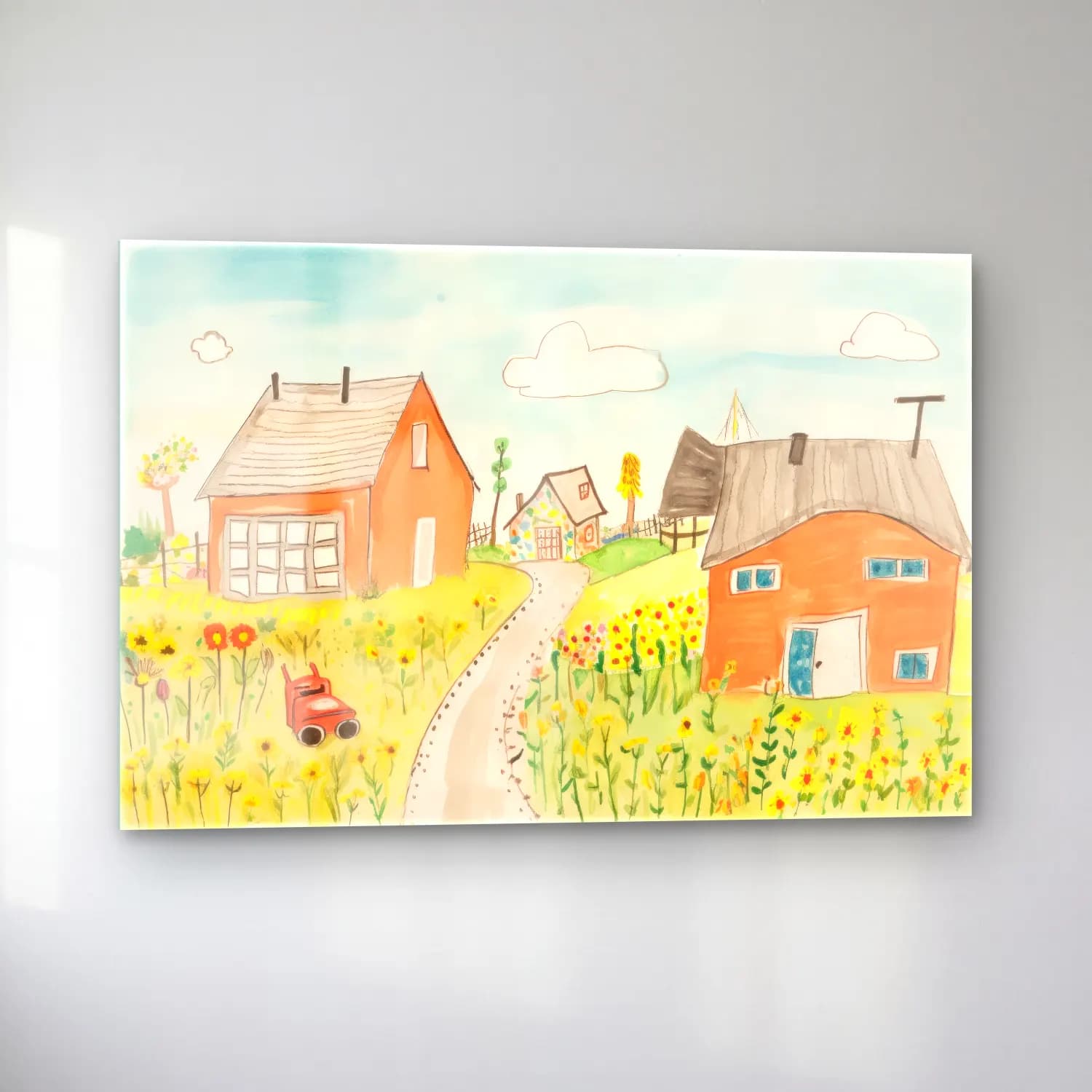 Suluboya Kır Evi No. 5 cam tablo — sol açıdan görünüm
