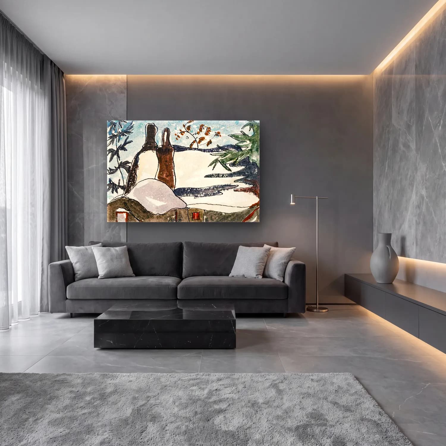 Suluboya Aşıklar – Bej Tonlar cam tablo — lüks salon duvarında