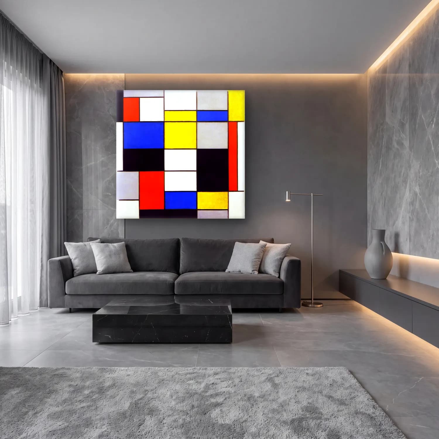 Modern Soyut Dama Deseni No. 9 cam tablo — lüks salon duvarında