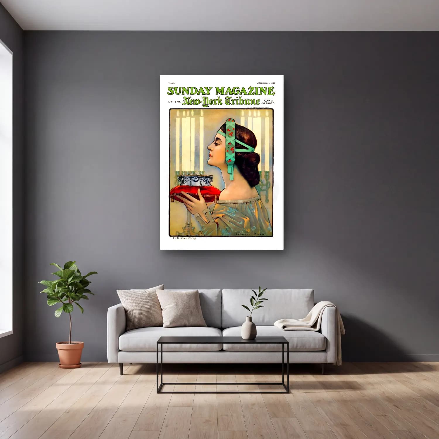 Vintage Poster Şapkalı Kadın No. 7 cam tablo — gri duvarlı salonda