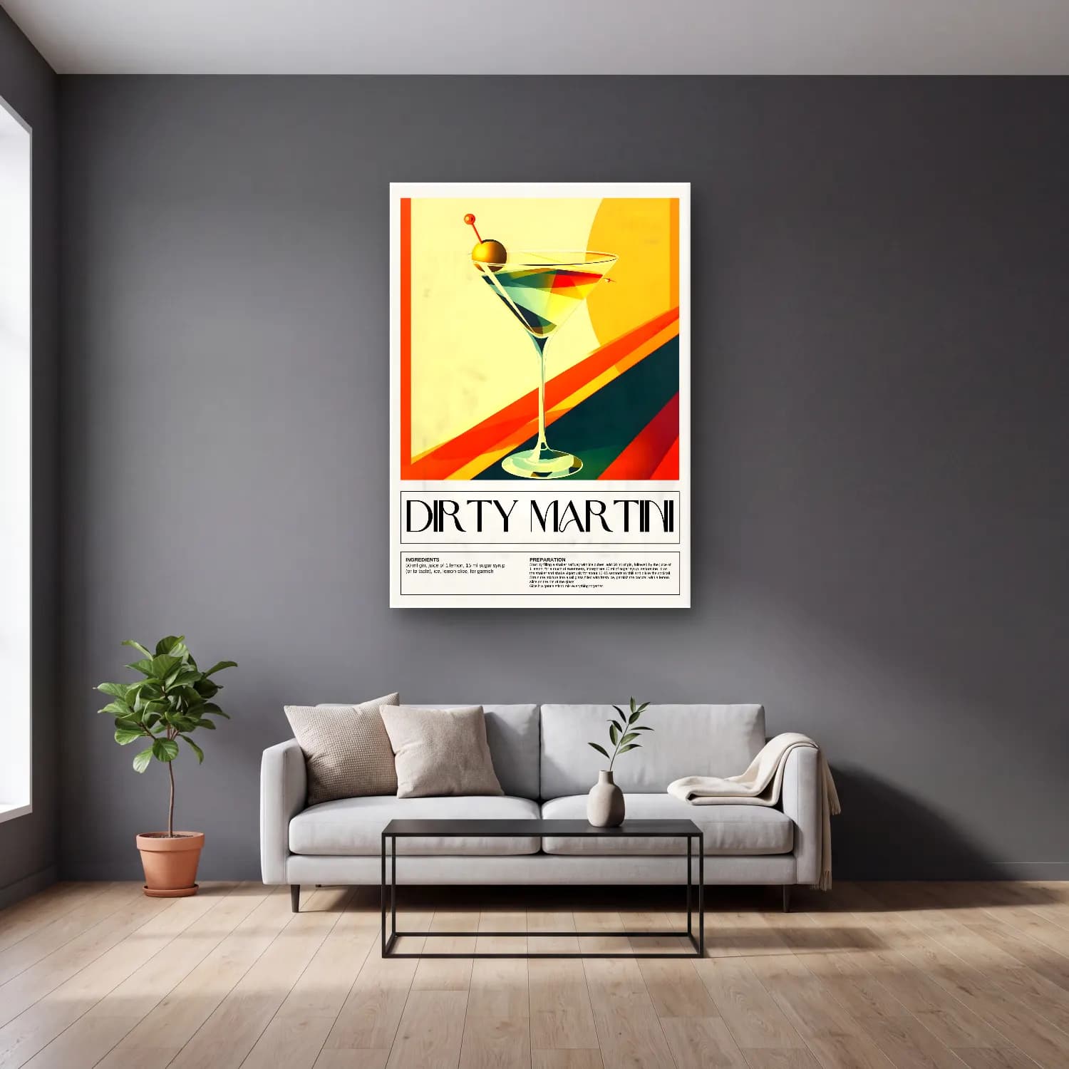 Vintage Poster Kokteyl No. 18 cam tablo — gri duvarlı salonda