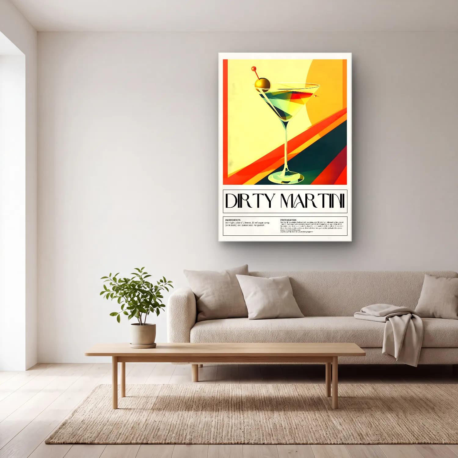 Vintage Poster Kokteyl No. 18 cam tablo — açık renk salonda
