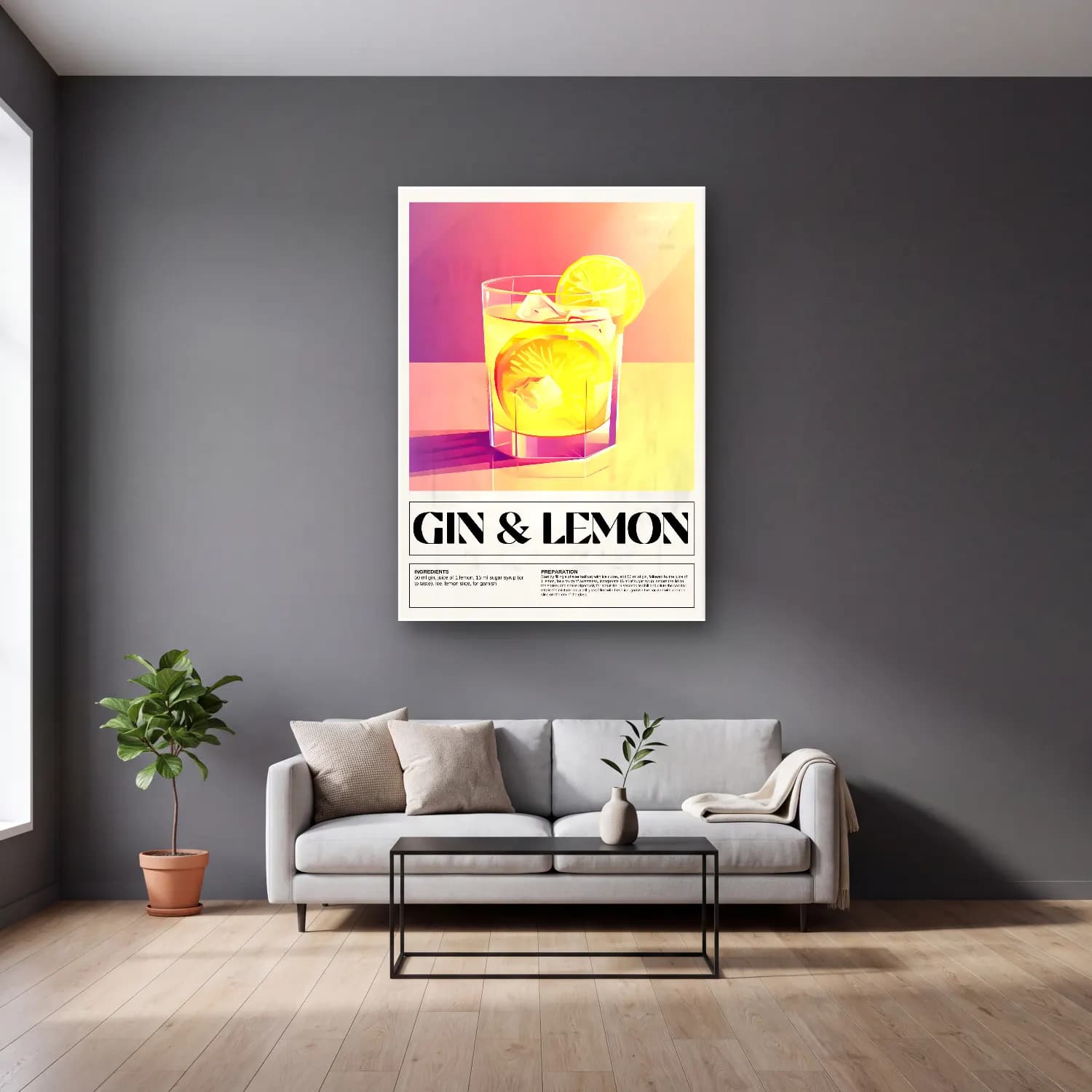Vintage Poster Kokteyl No. 21 cam tablo — gri duvarlı salonda