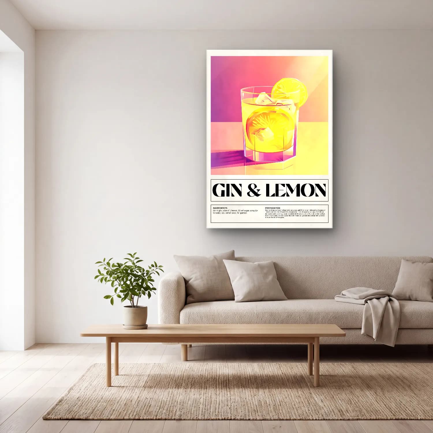 Vintage Poster Kokteyl No. 21 cam tablo — açık renk salonda