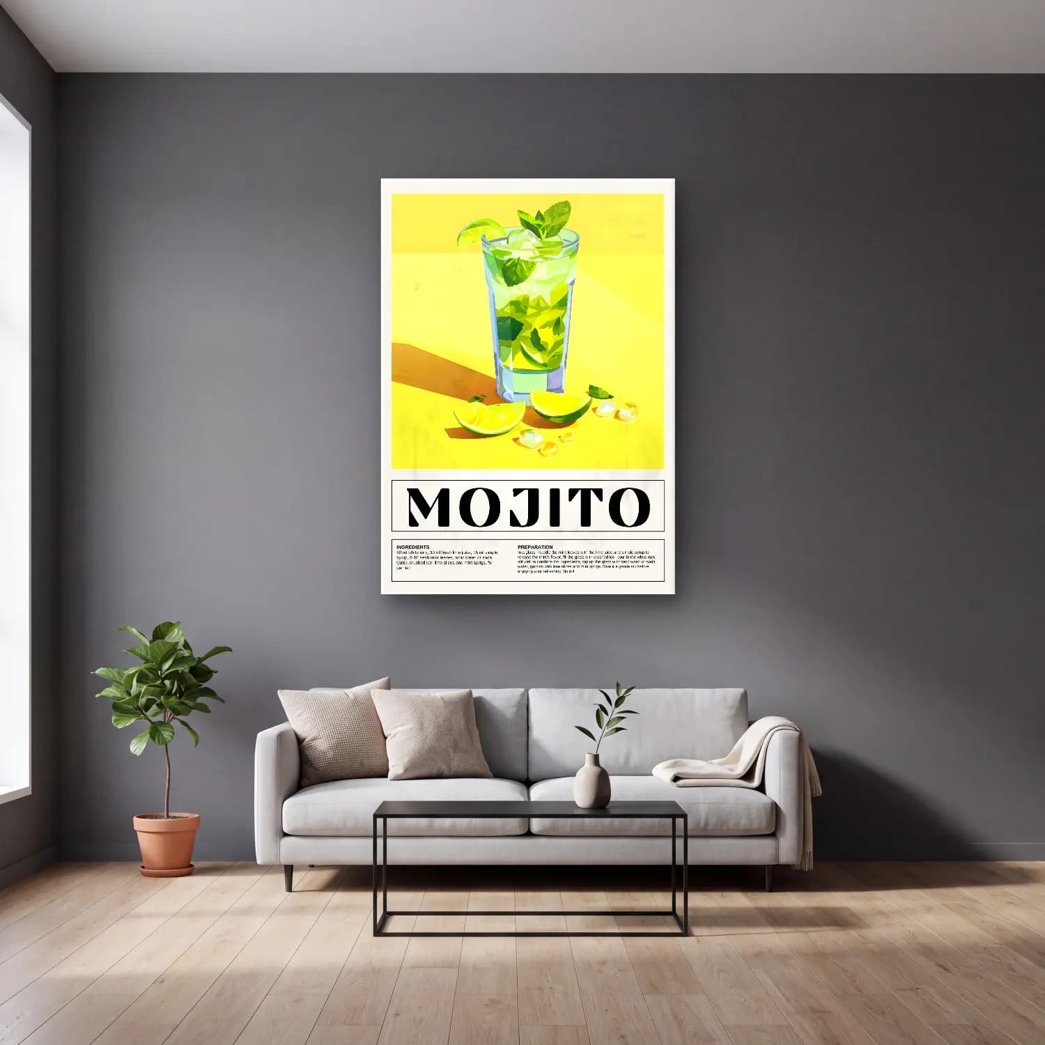 Vintage Poster Kokteyl No. 22 cam tablo — gri duvarlı salonda