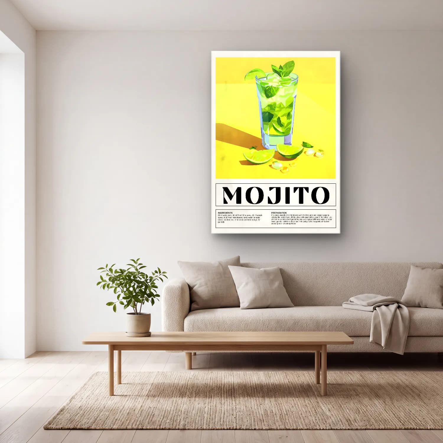 Vintage Poster Kokteyl No. 22 cam tablo — açık renk salonda