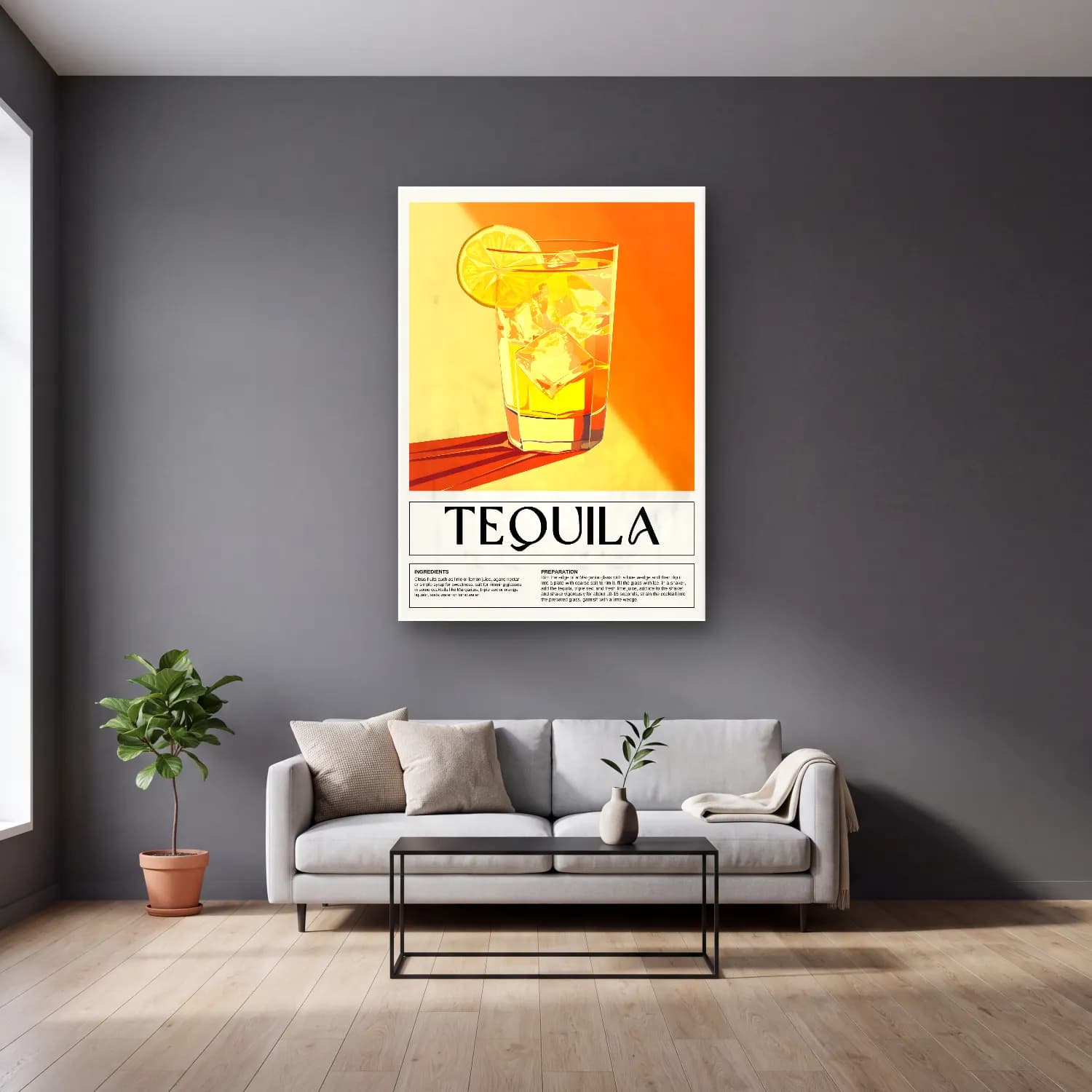 Vintage Poster Kokteyl No. 26 cam tablo — gri duvarlı salonda