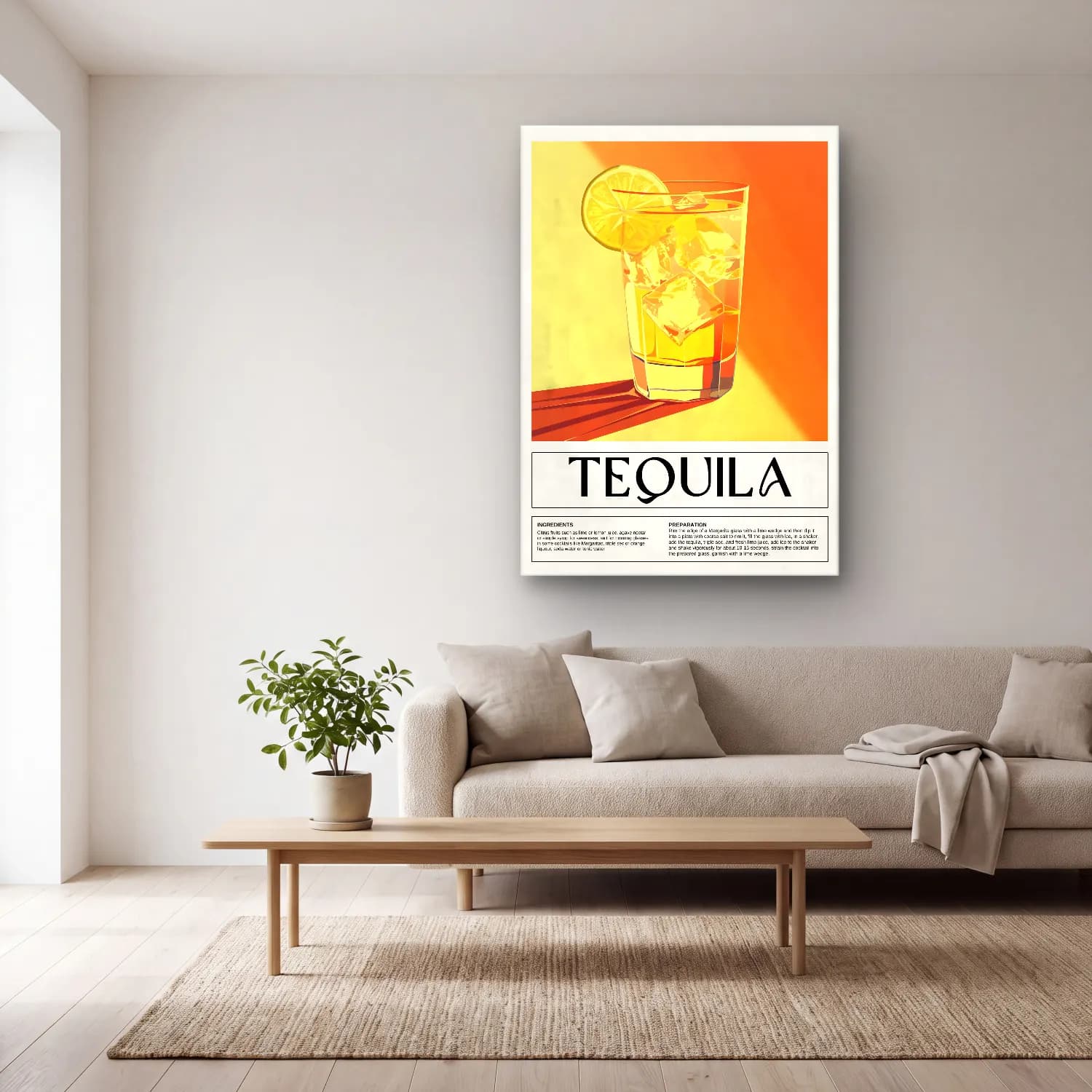 Vintage Poster Kokteyl No. 26 cam tablo — açık renk salonda