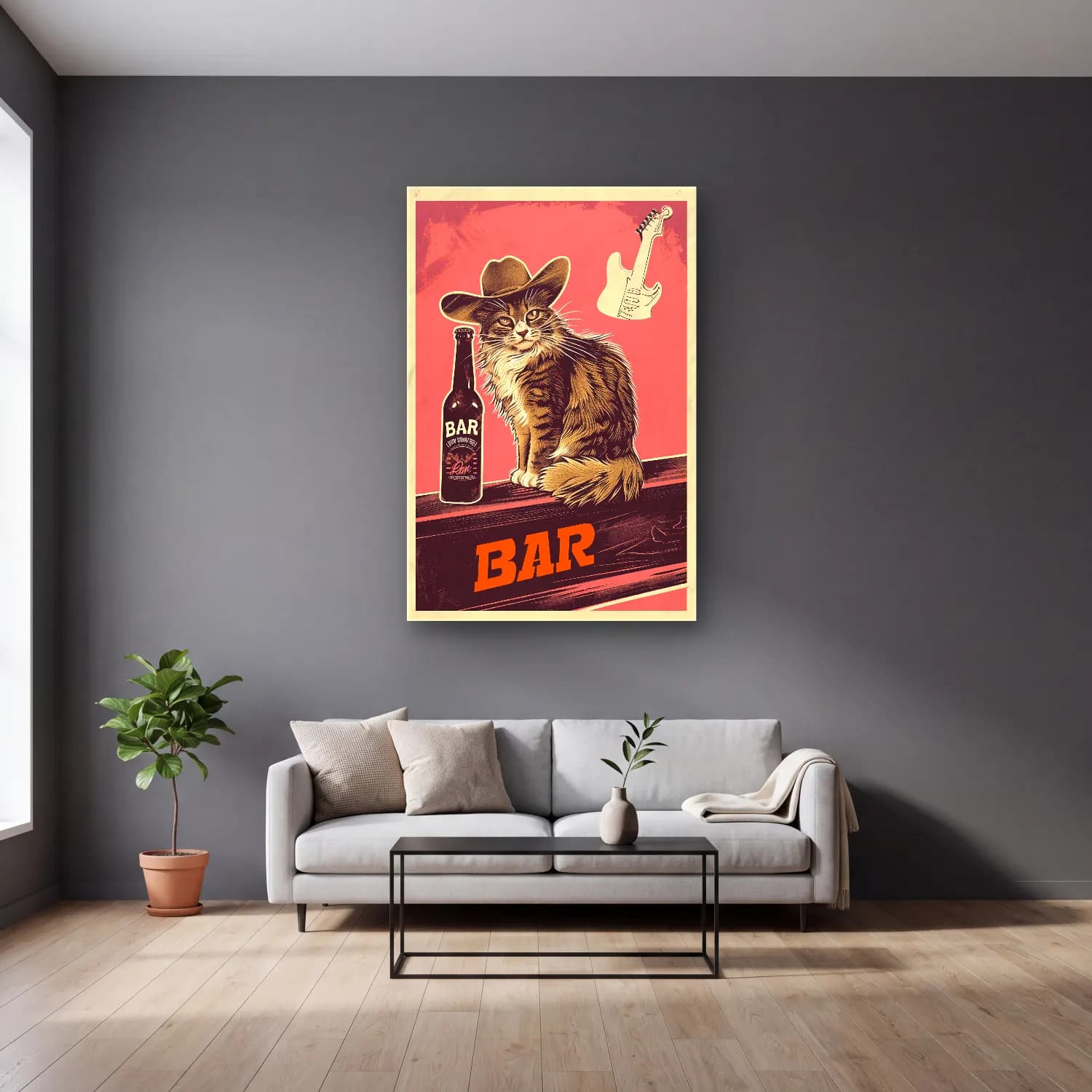 Vintage Poster Kedi No. 4 cam tablo — gri duvarlı salonda