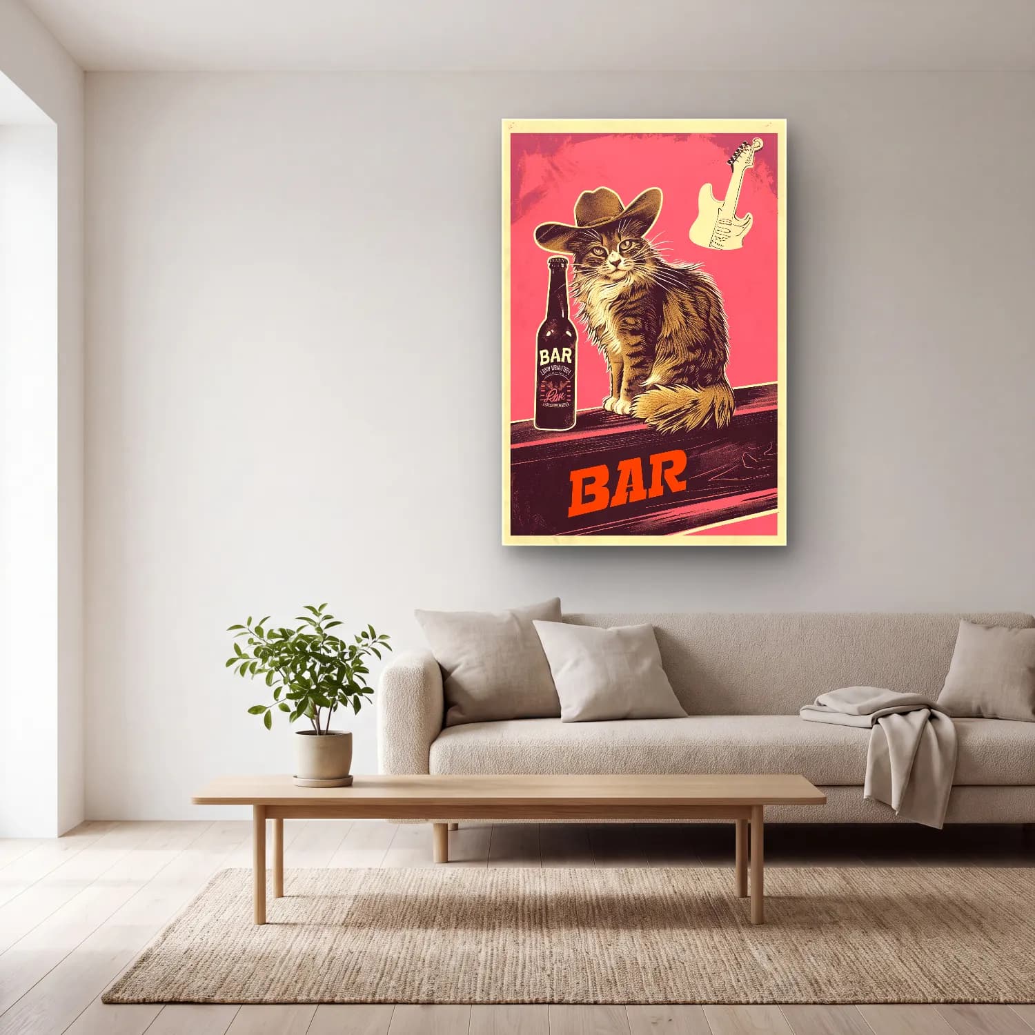 Vintage Poster Kedi No. 4 cam tablo — açık renk salonda