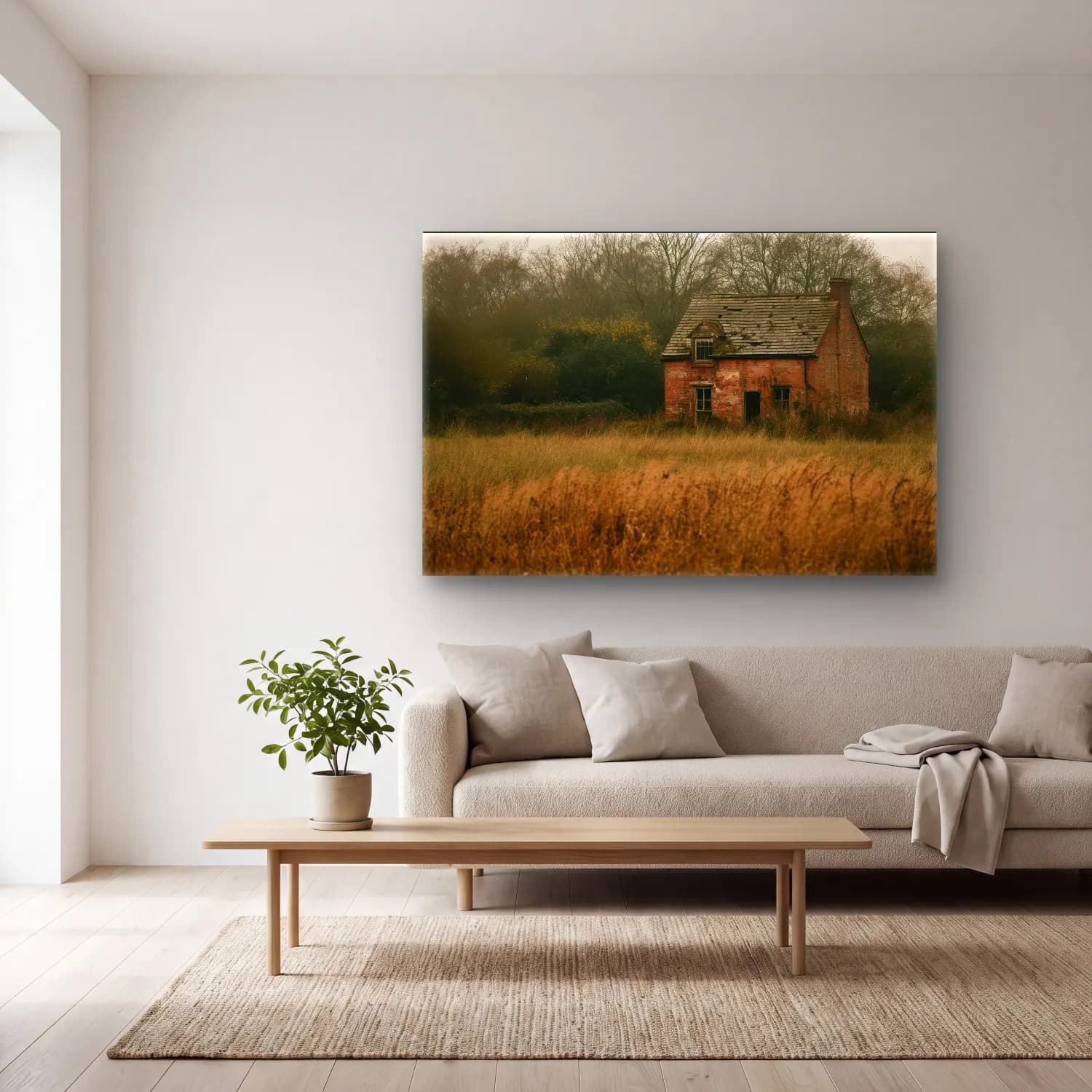 Pastel Kır Evi cam tablo — açık renk salonda