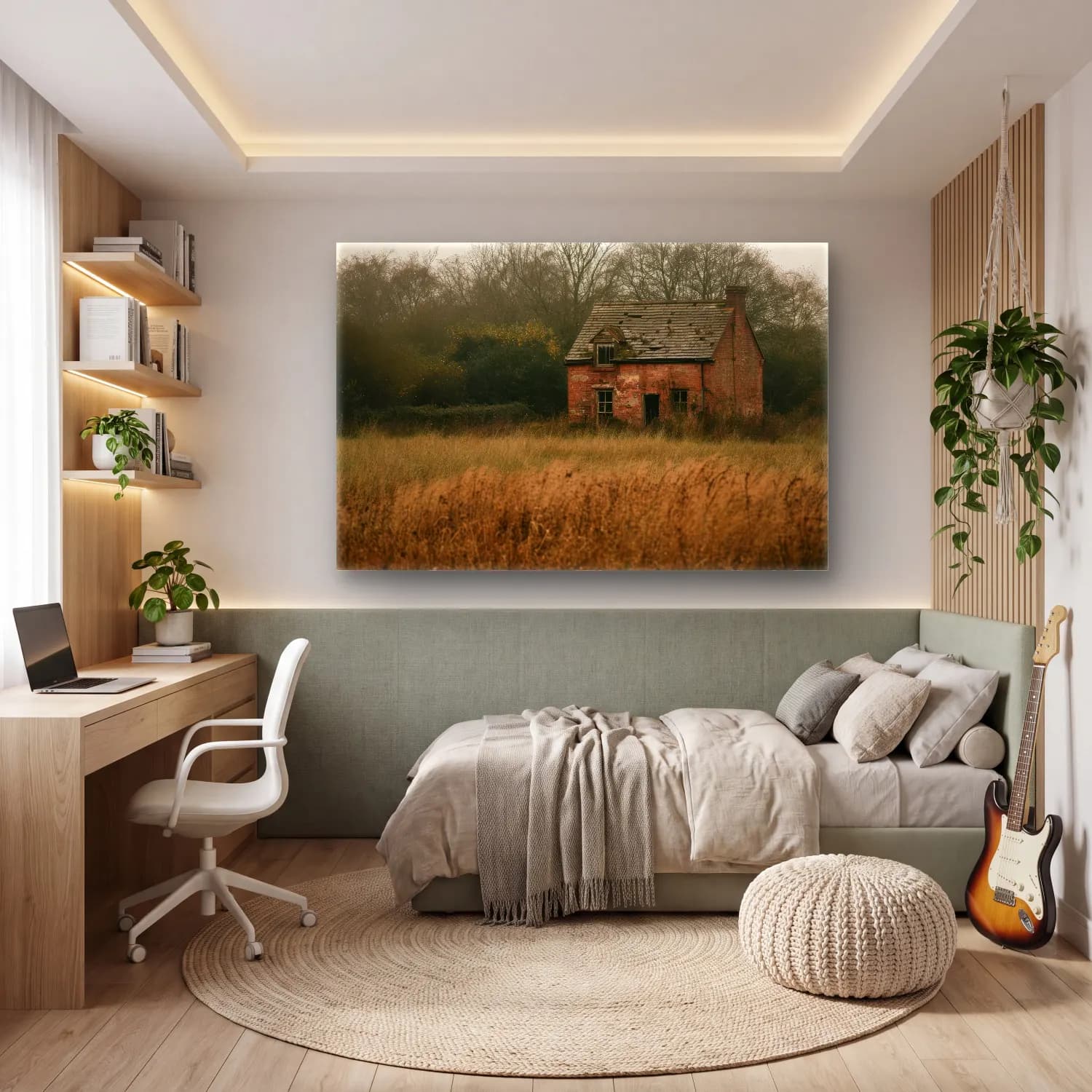 Pastel Kır Evi cam tablo — genç odasında