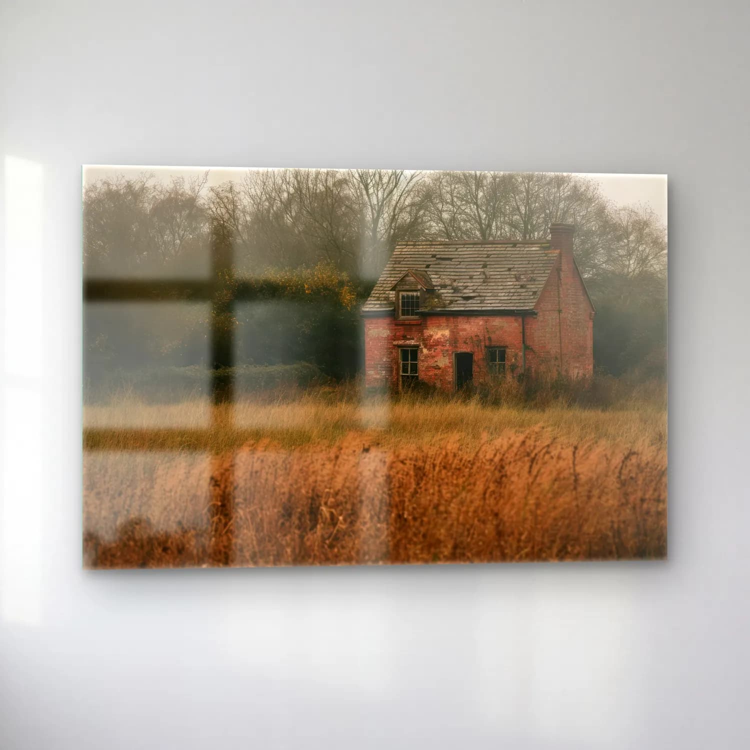Pastel Kır Evi cam tablo — sol açıdan görünüm