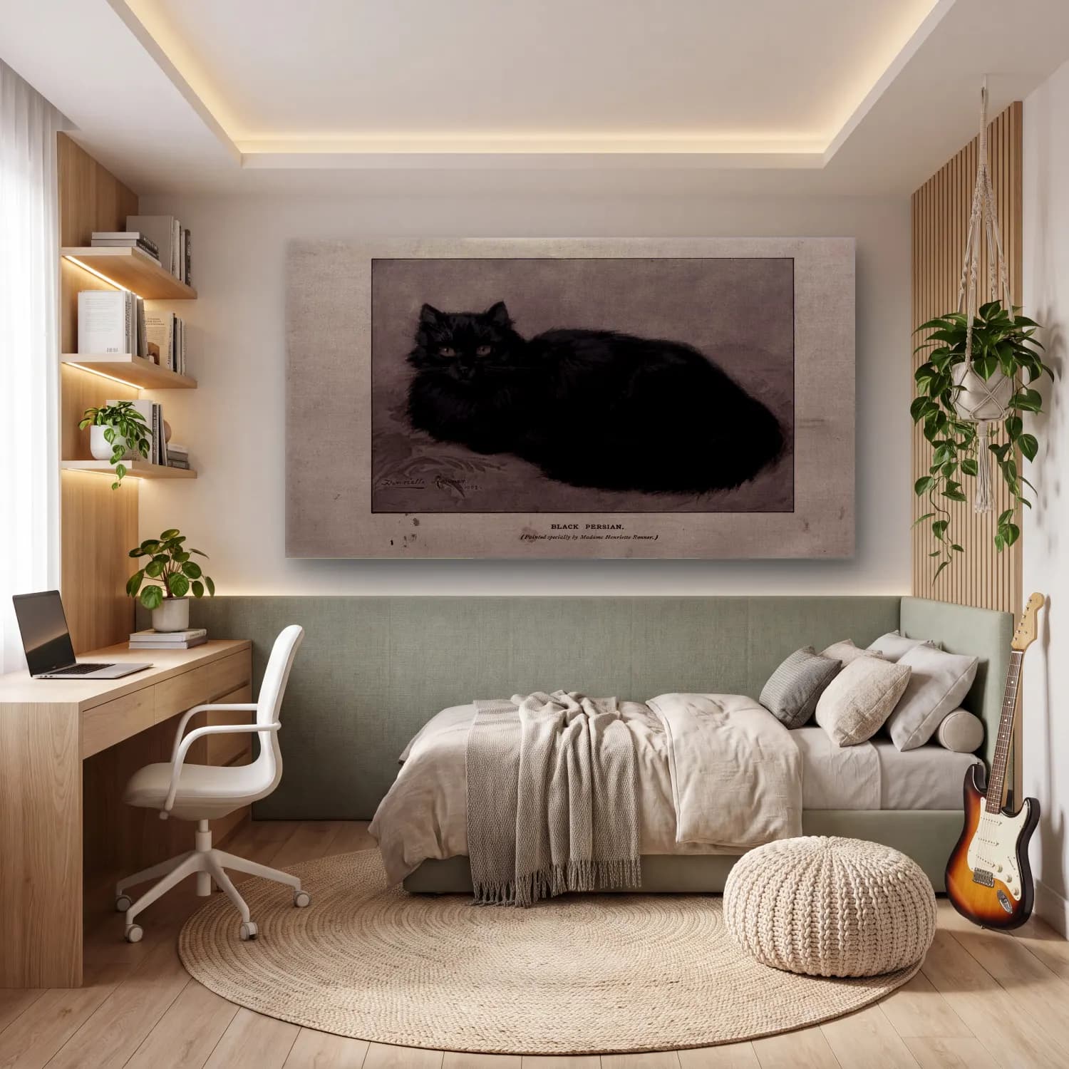 Vintage Kedi No. 13 cam tablo — genç odasında