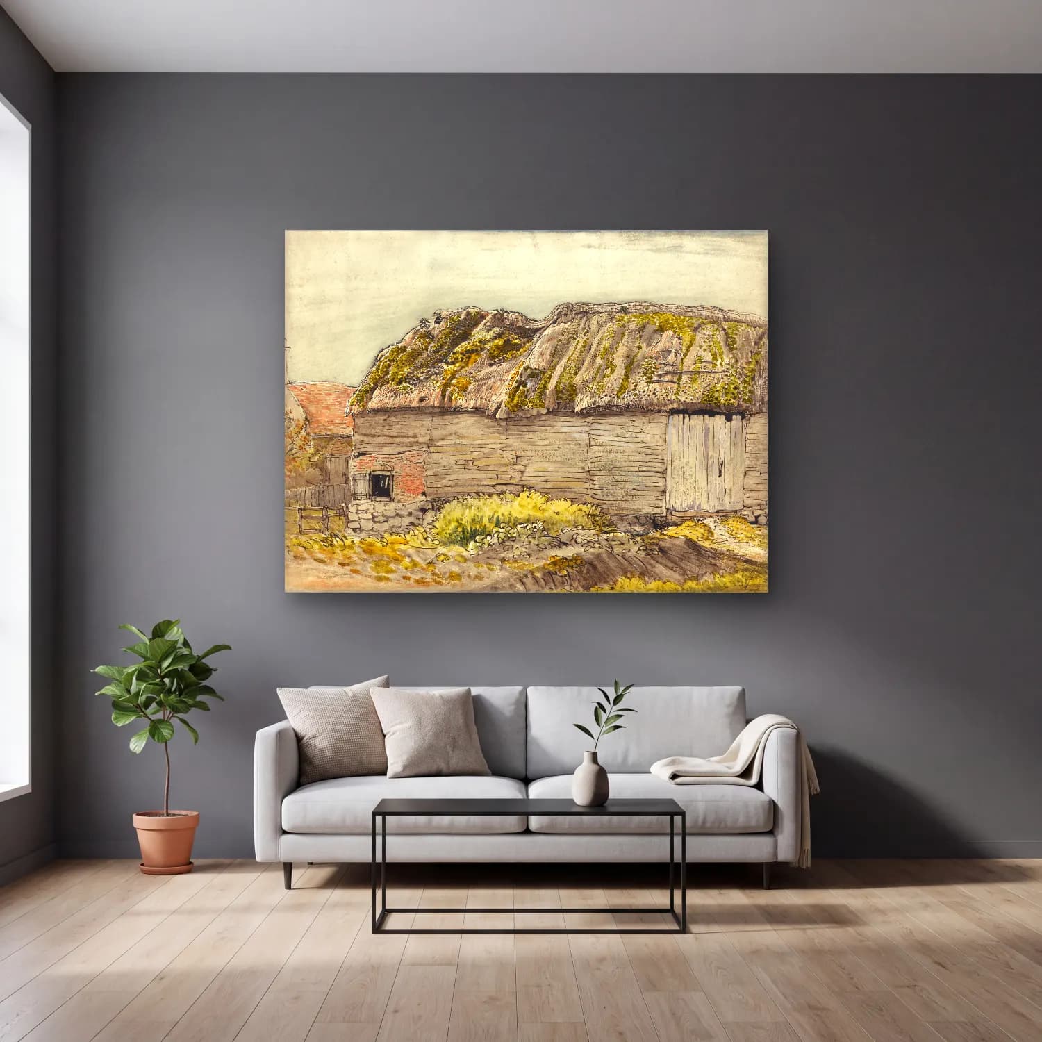 Suluboya Kır Evi – Pastel Tonlar cam tablo — gri duvarlı salonda