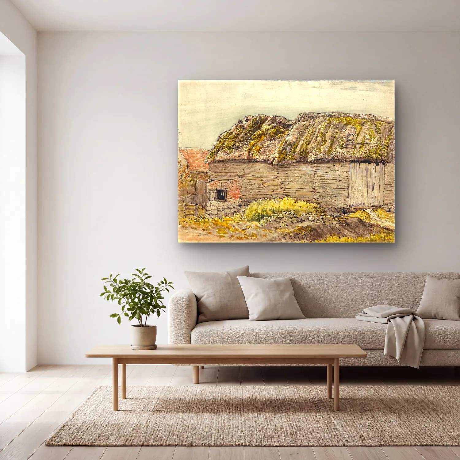 Suluboya Kır Evi – Pastel Tonlar cam tablo — açık renk salonda
