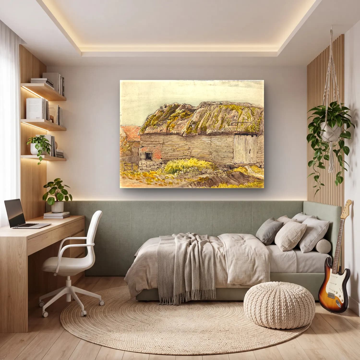 Suluboya Kır Evi – Pastel Tonlar cam tablo — genç odasında