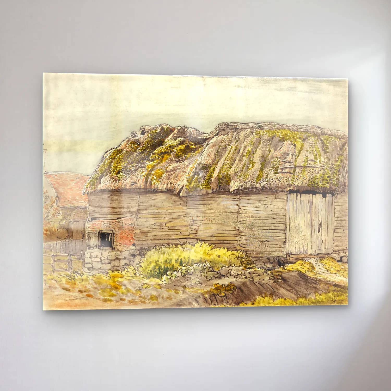 Suluboya Kır Evi – Pastel Tonlar cam tablo — sol açıdan görünüm