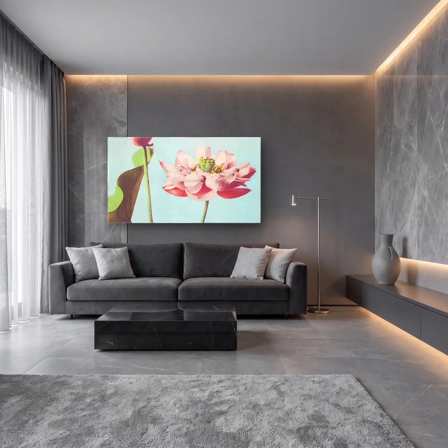 Pastel Lotus Çiçekleri No. 5 cam tablo — lüks salon duvarında