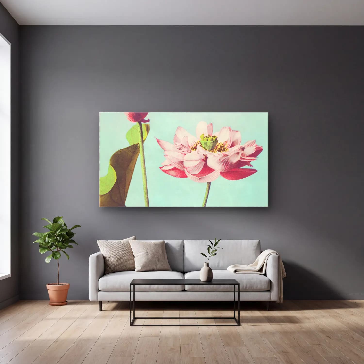 Pastel Lotus Çiçekleri No. 5 cam tablo — gri duvarlı salonda
