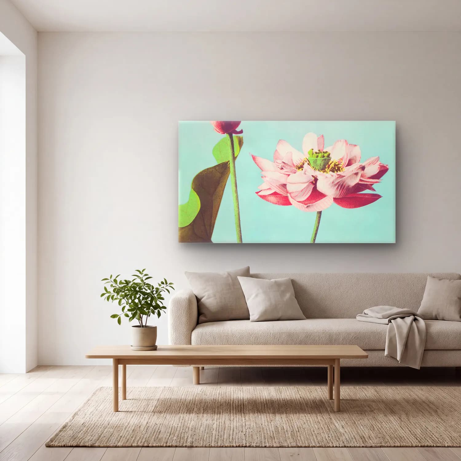 Pastel Lotus Çiçekleri No. 5 cam tablo — açık renk salonda