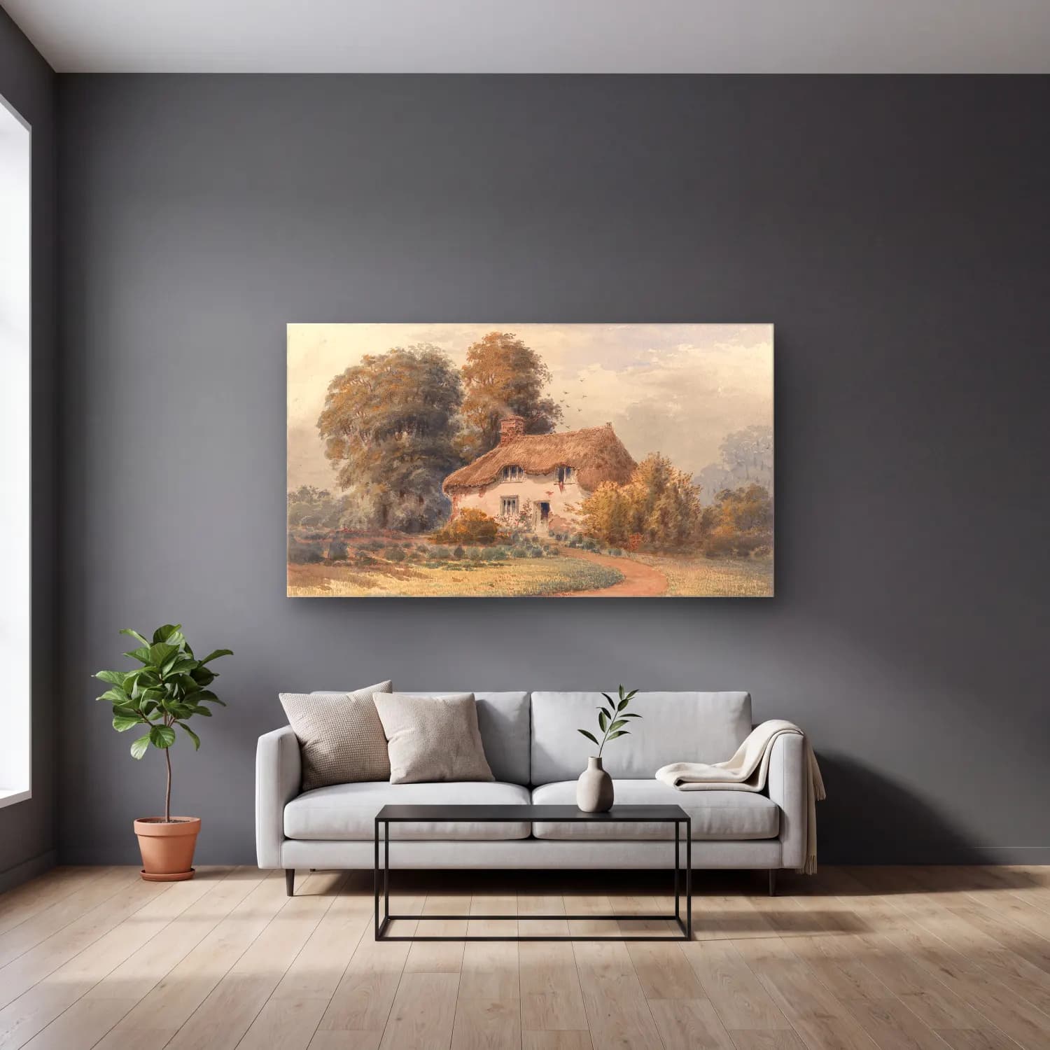 Suluboya Kır Evi No. 7 cam tablo — gri duvarlı salonda