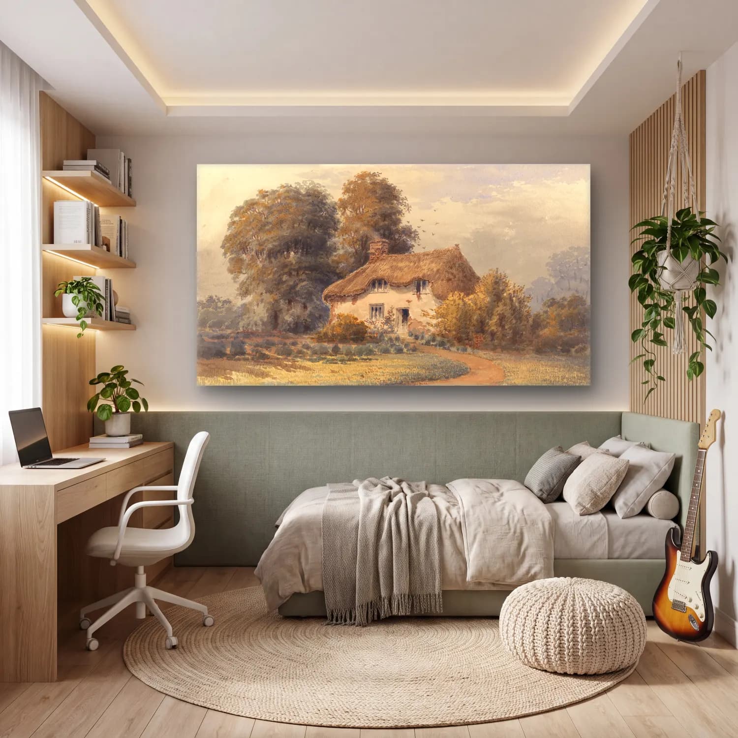 Suluboya Kır Evi No. 7 cam tablo — genç odasında