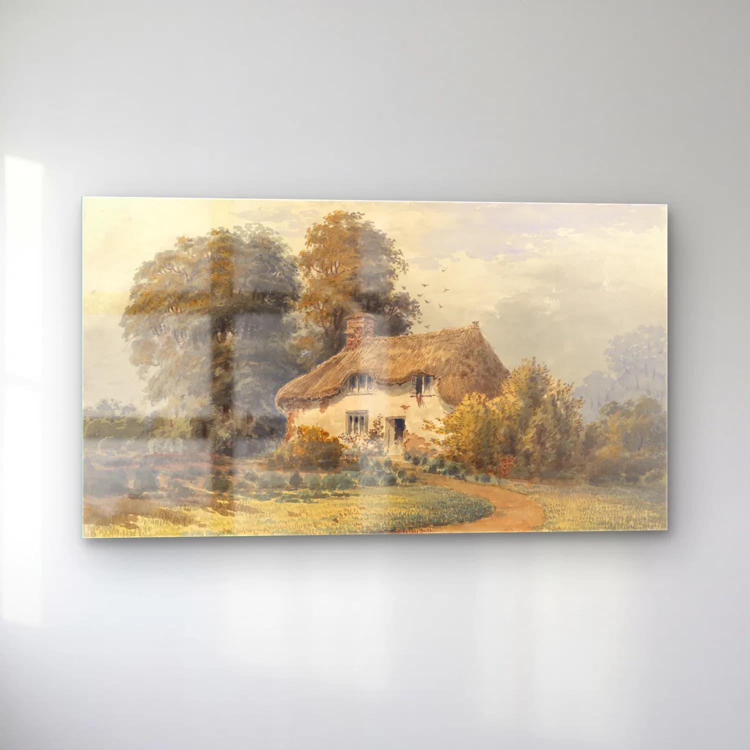 Suluboya Kır Evi No. 7 cam tablo — sol açıdan görünüm
