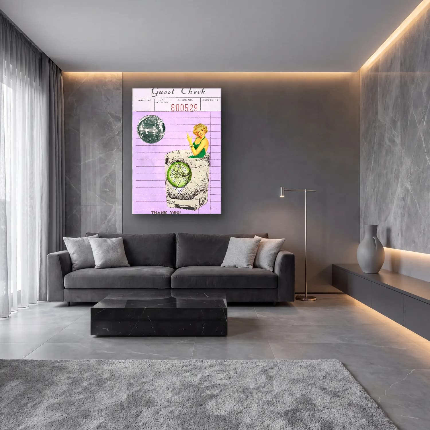 Vintage Kokteyl No. 46 cam tablo — lüks salon duvarında