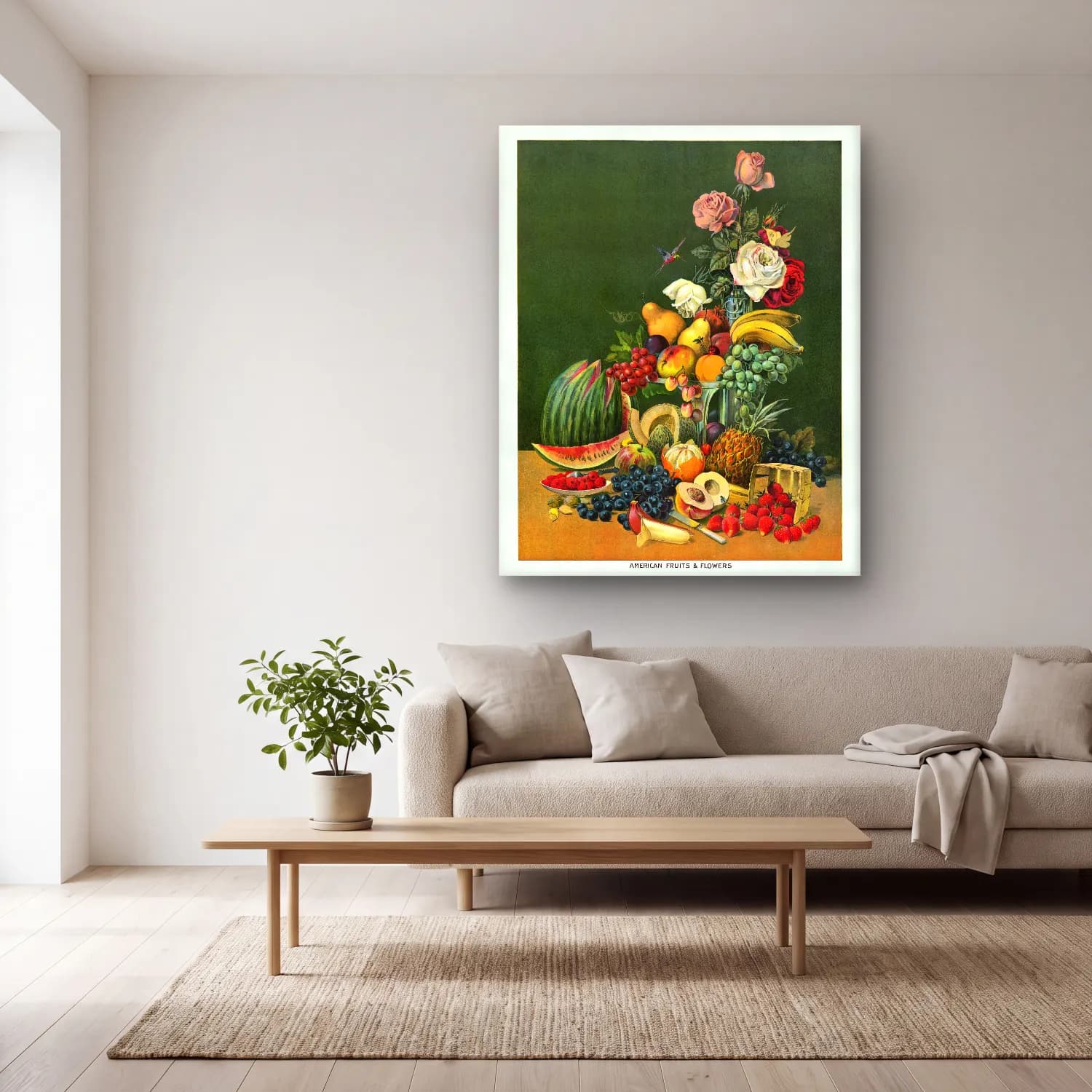 Vintage Poster Meyveli Natürmort cam tablo — açık renk salonda