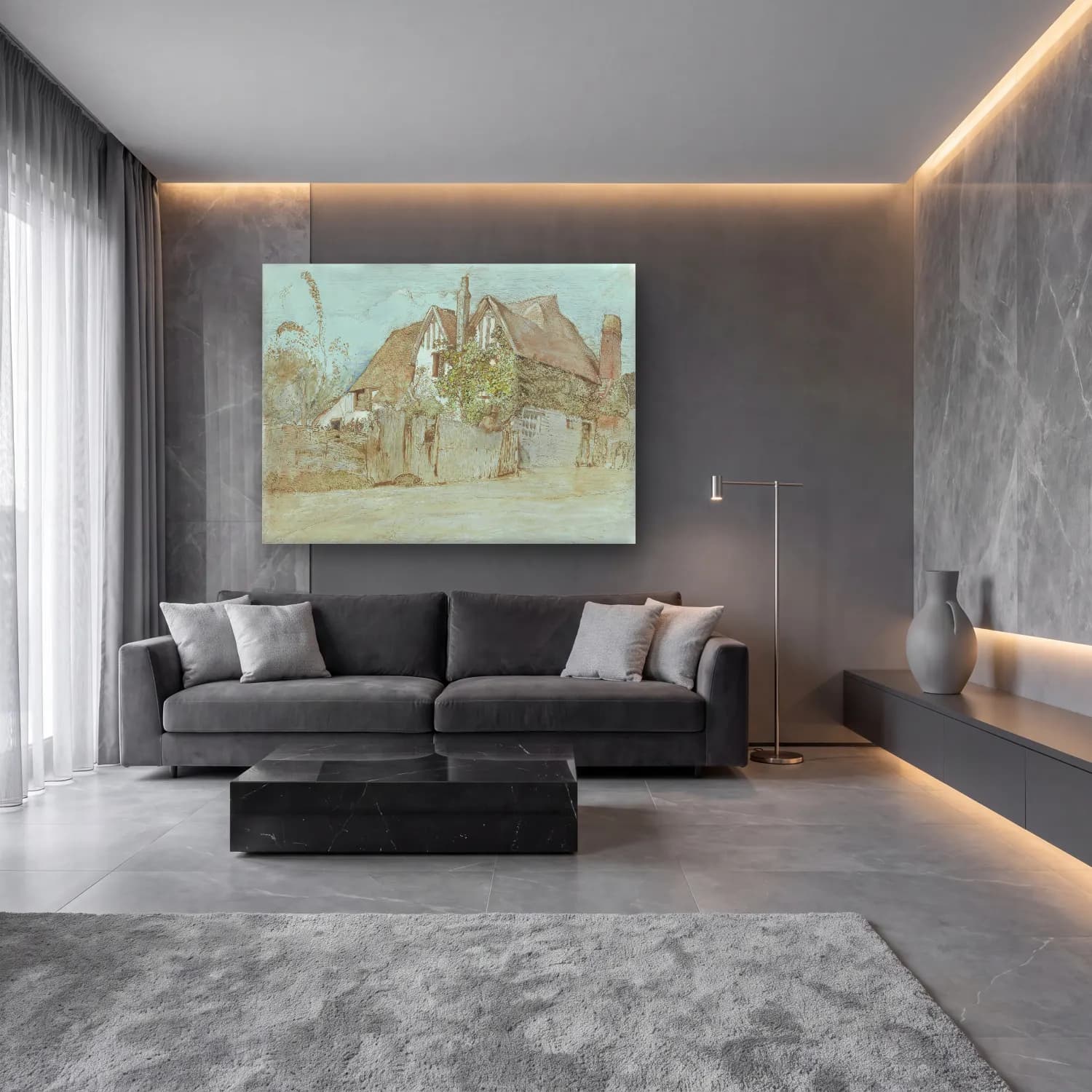 Suluboya Kır Evi No. 11 cam tablo — lüks salon duvarında