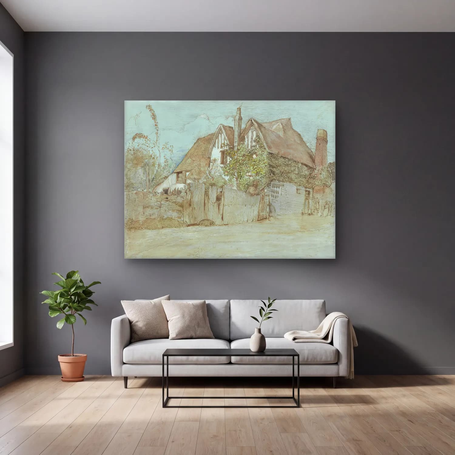 Suluboya Kır Evi No. 11 cam tablo — gri duvarlı salonda