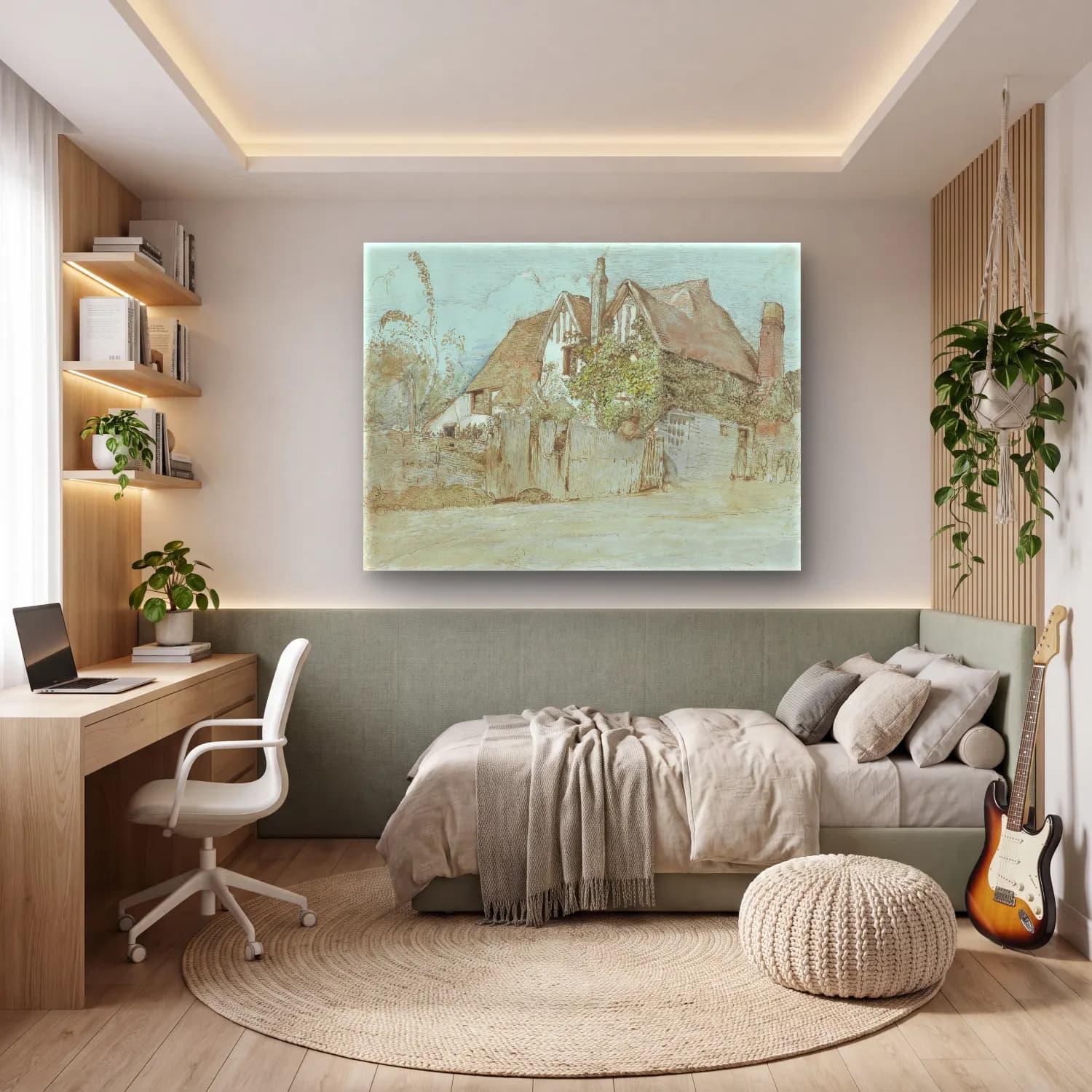 Suluboya Kır Evi No. 11 cam tablo — genç odasında