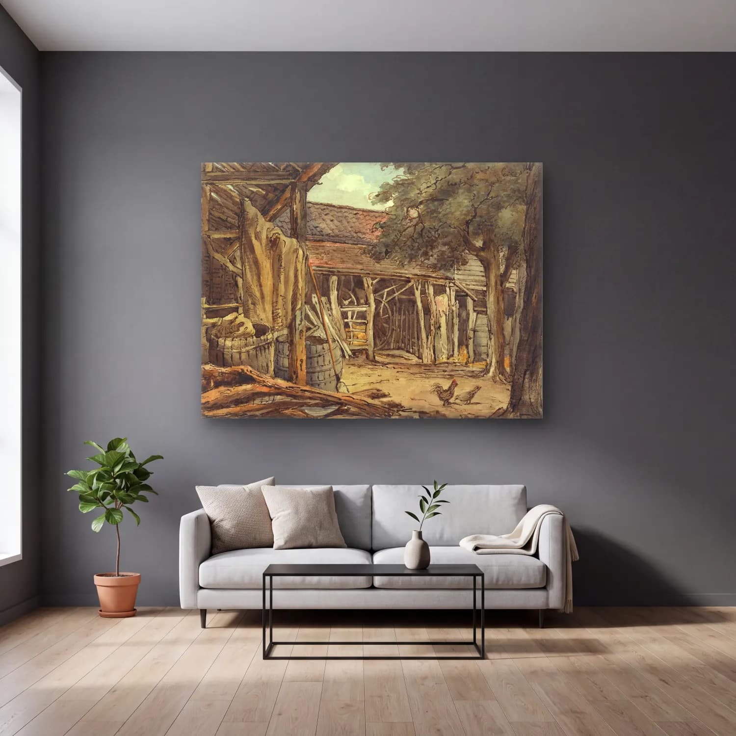 Suluboya Kır Evi No. 12 cam tablo — gri duvarlı salonda