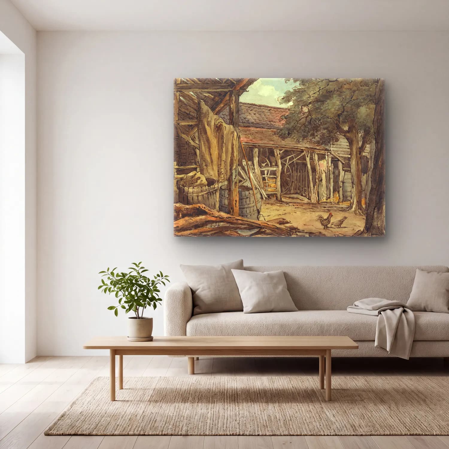 Suluboya Kır Evi No. 12 cam tablo — açık renk salonda