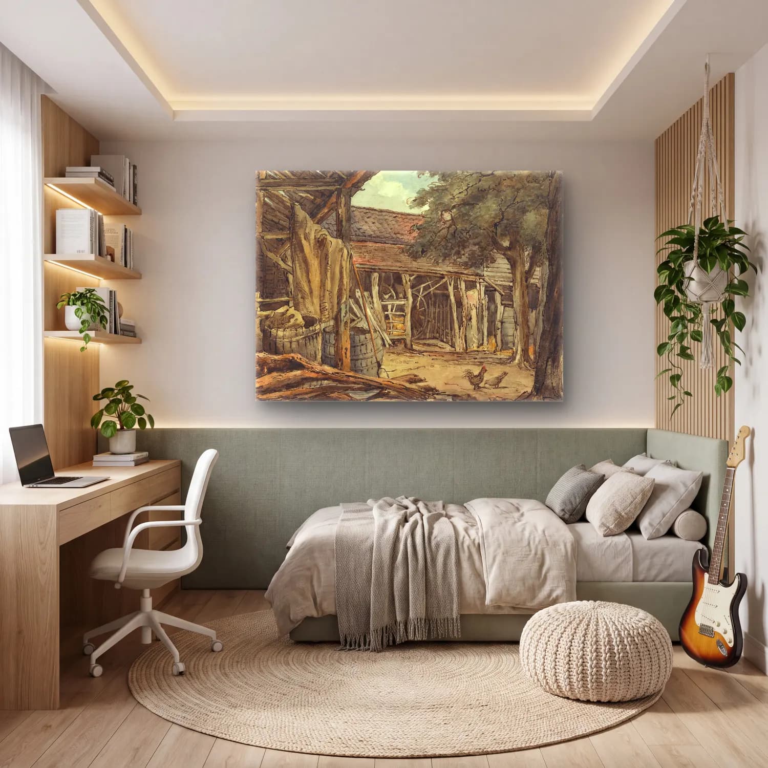 Suluboya Kır Evi No. 12 cam tablo — genç odasında