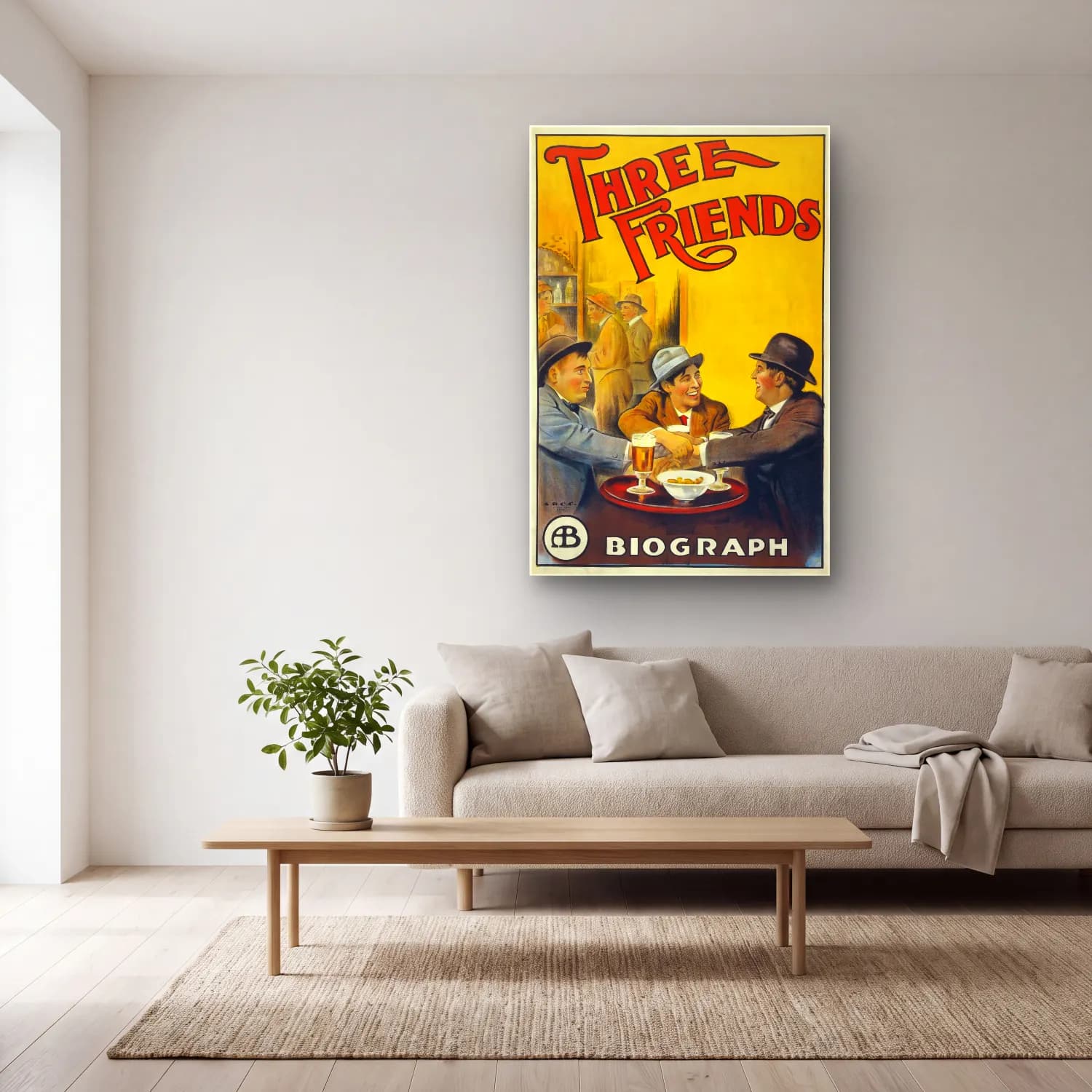 Vintage Poster Kafeli Avrupa Sokağı – Sarı Tonlar cam tablo — açık renk salonda