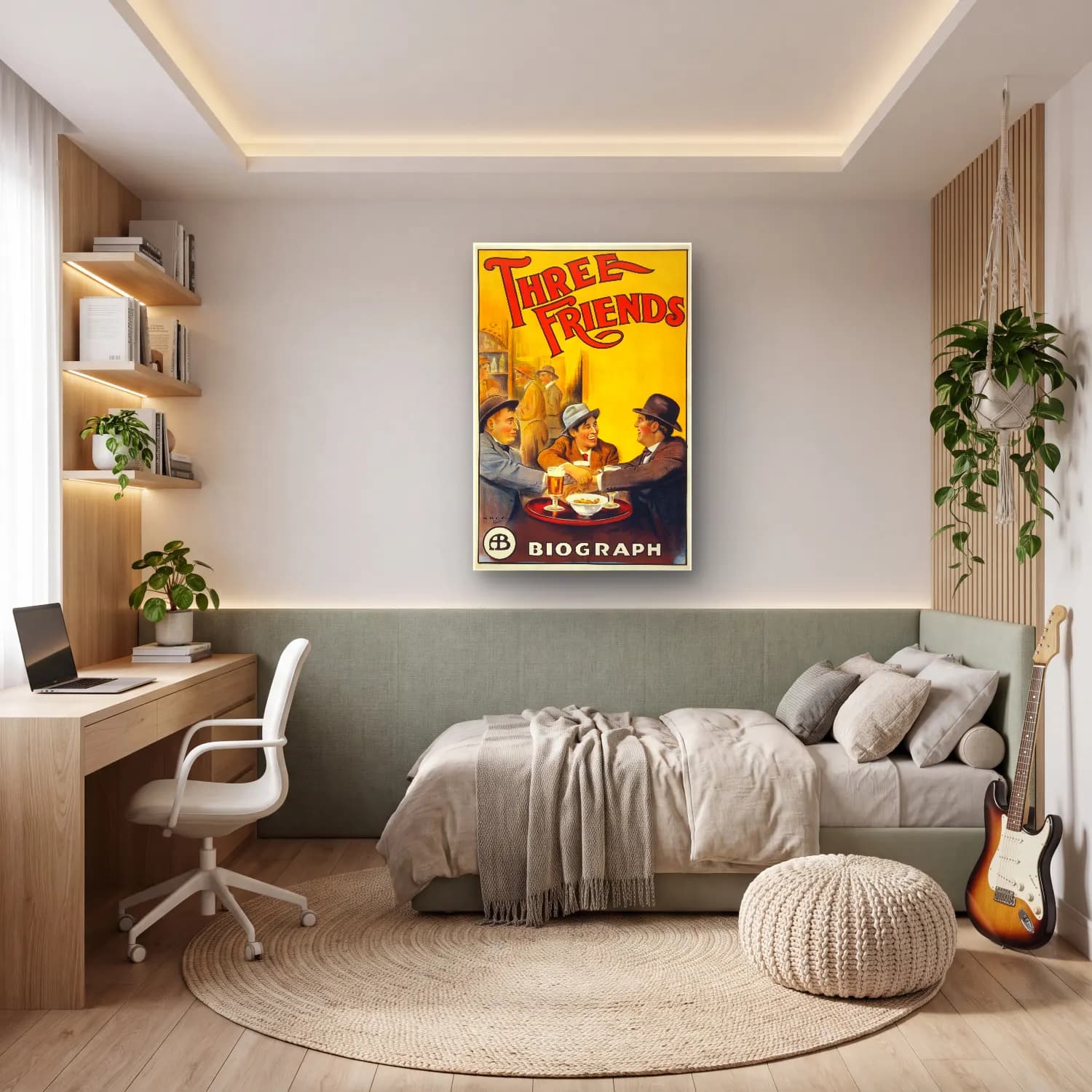 Vintage Poster Kafeli Avrupa Sokağı – Sarı Tonlar cam tablo — genç odasında