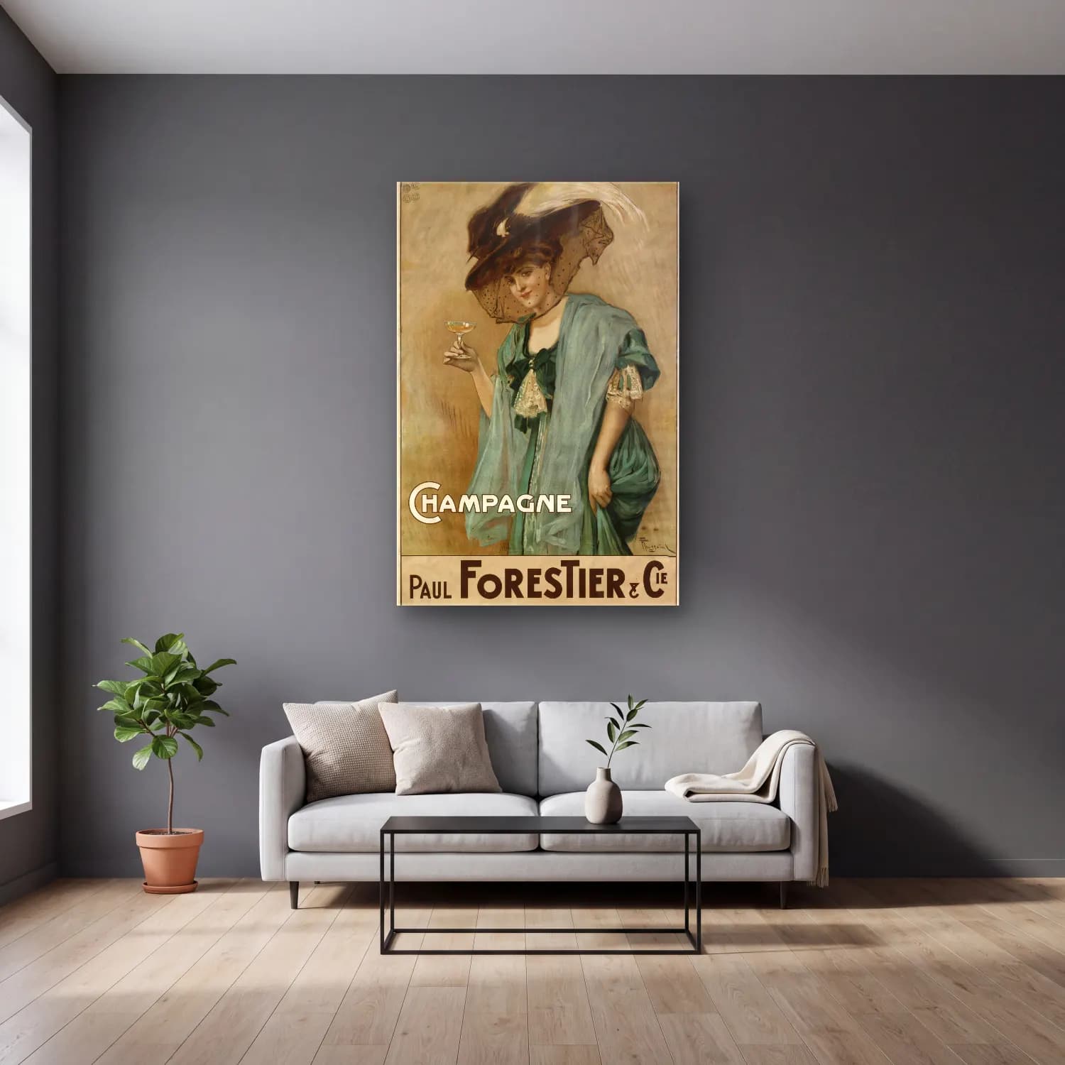 Vintage Poster Şampanya No. 4 cam tablo — gri duvarlı salonda