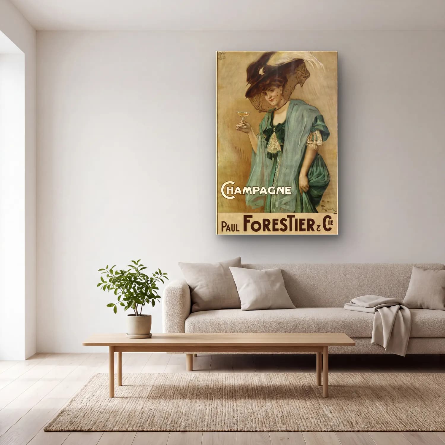 Vintage Poster Şampanya No. 4 cam tablo — açık renk salonda