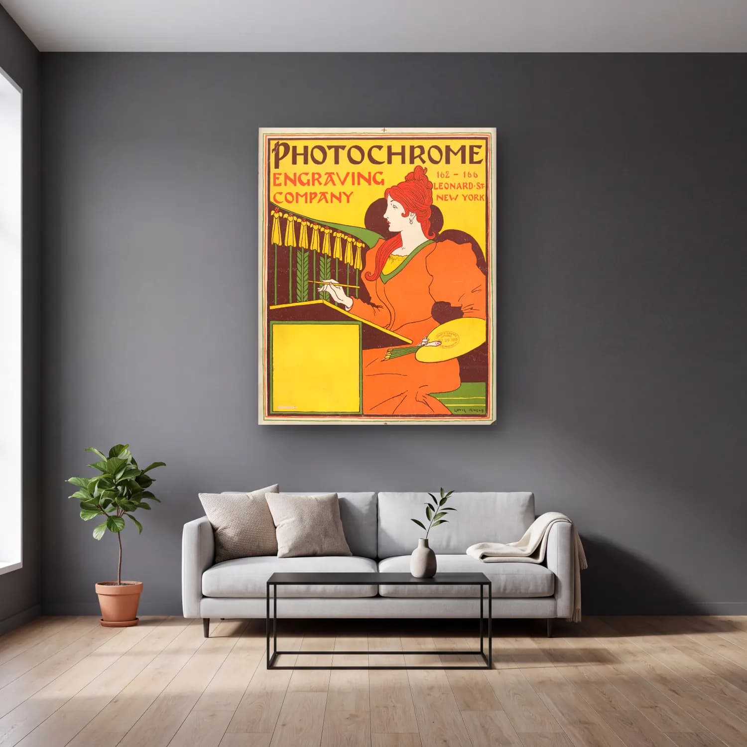 Vintage Poster Piyano – Sarı Tonlar cam tablo — gri duvarlı salonda