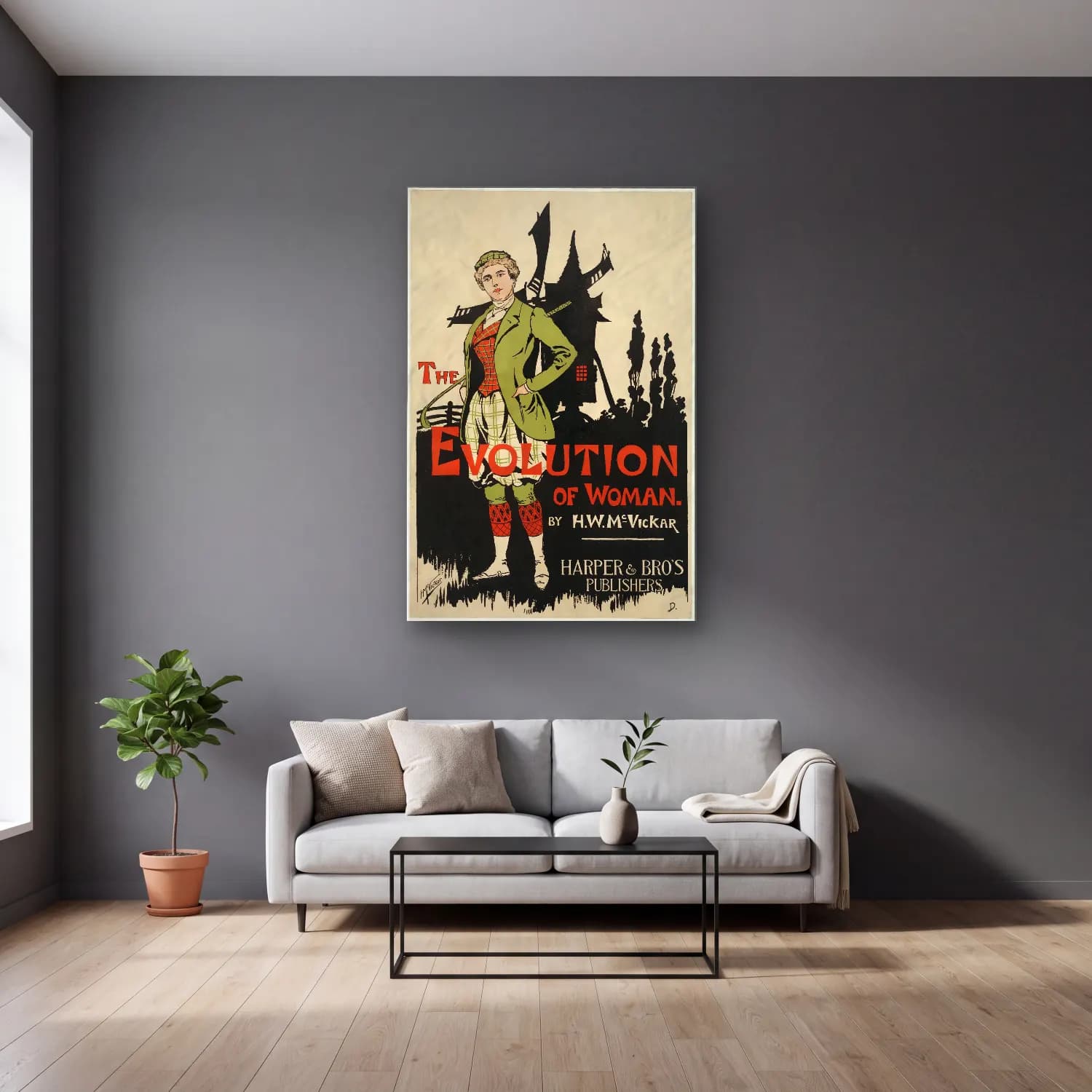 Vintage Poster Şapkalı Kadın No. 8 cam tablo — gri duvarlı salonda