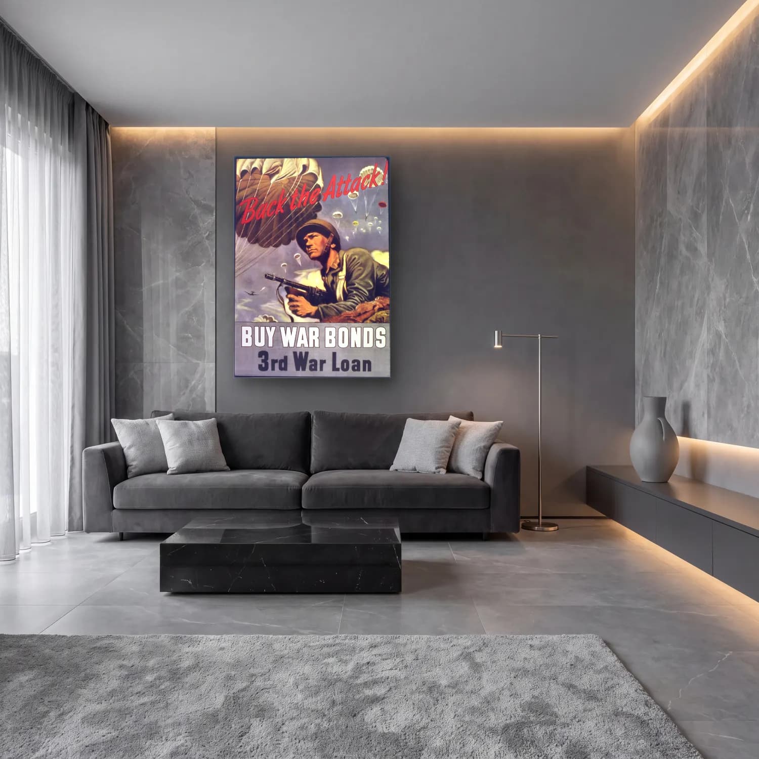 Vintage Poster Savaş Sahnesi cam tablo — lüks salon duvarında