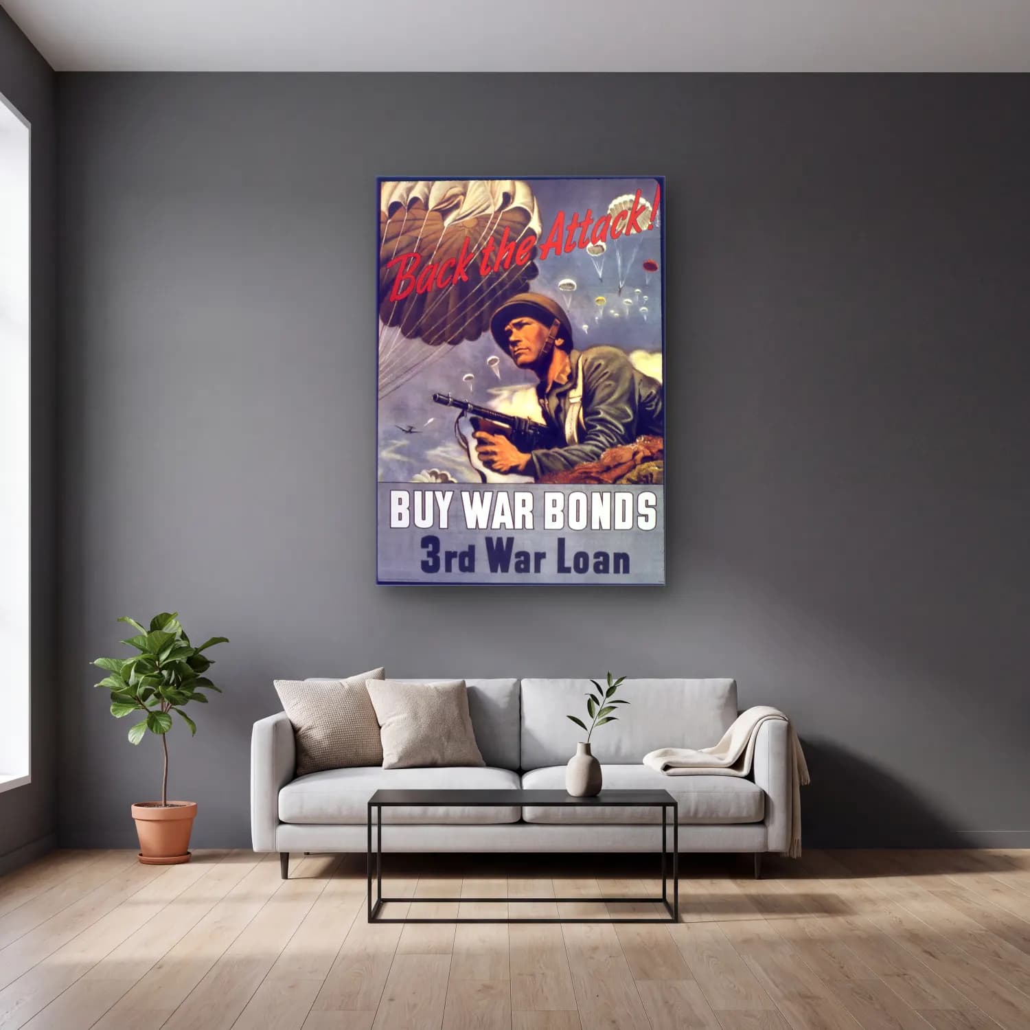 Vintage Poster Savaş Sahnesi cam tablo — gri duvarlı salonda