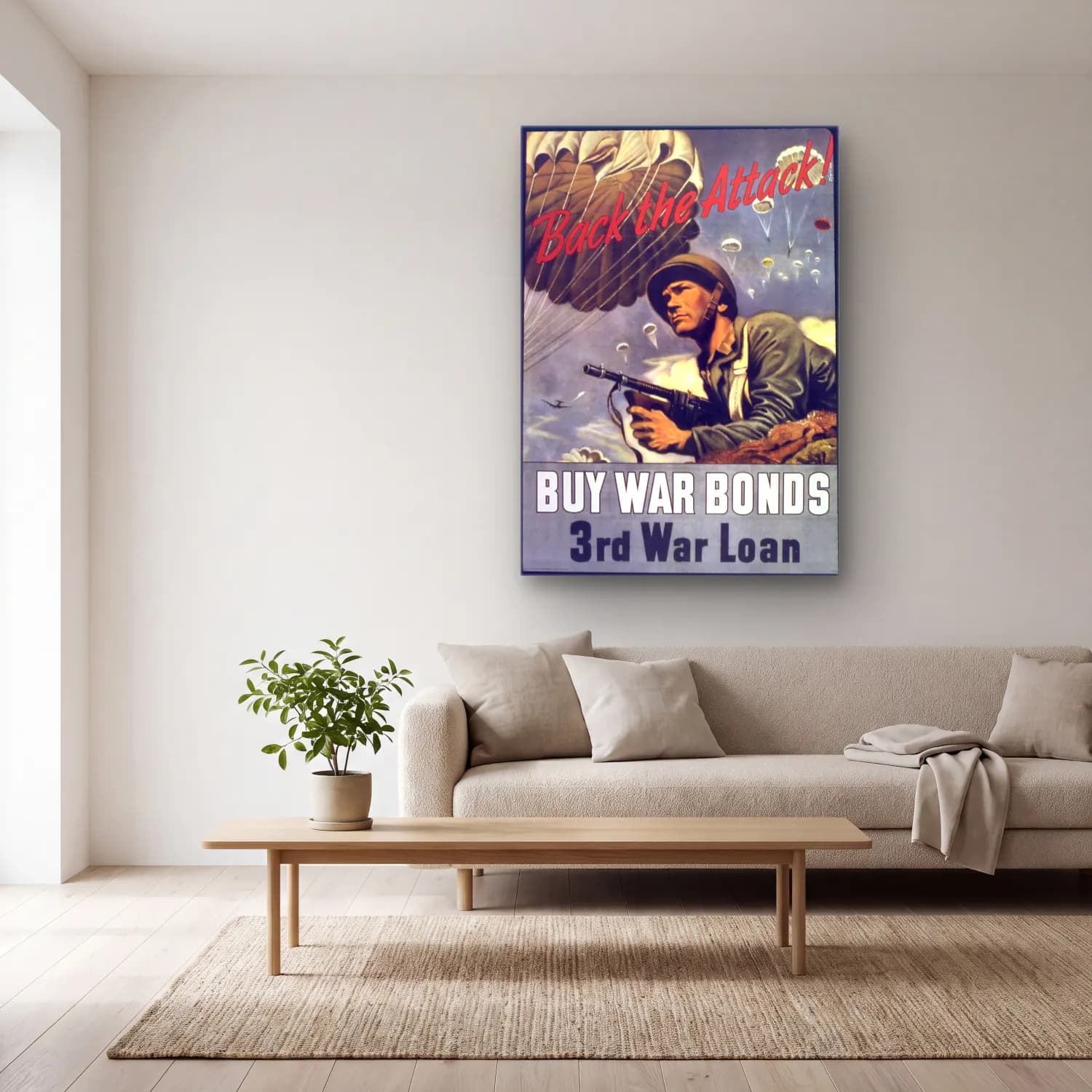 Vintage Poster Savaş Sahnesi cam tablo — açık renk salonda