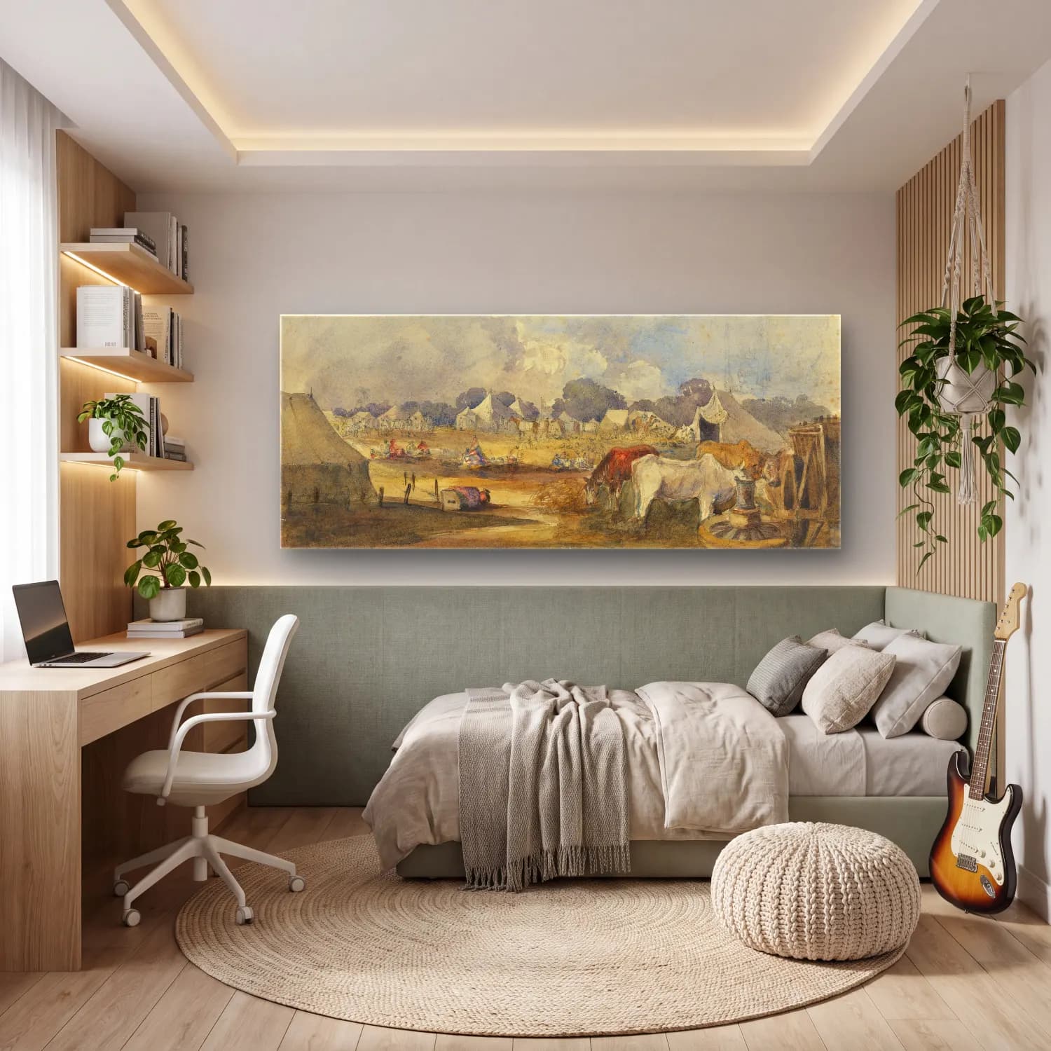 Suluboya Kır Evi No. 13 cam tablo — genç odasında
