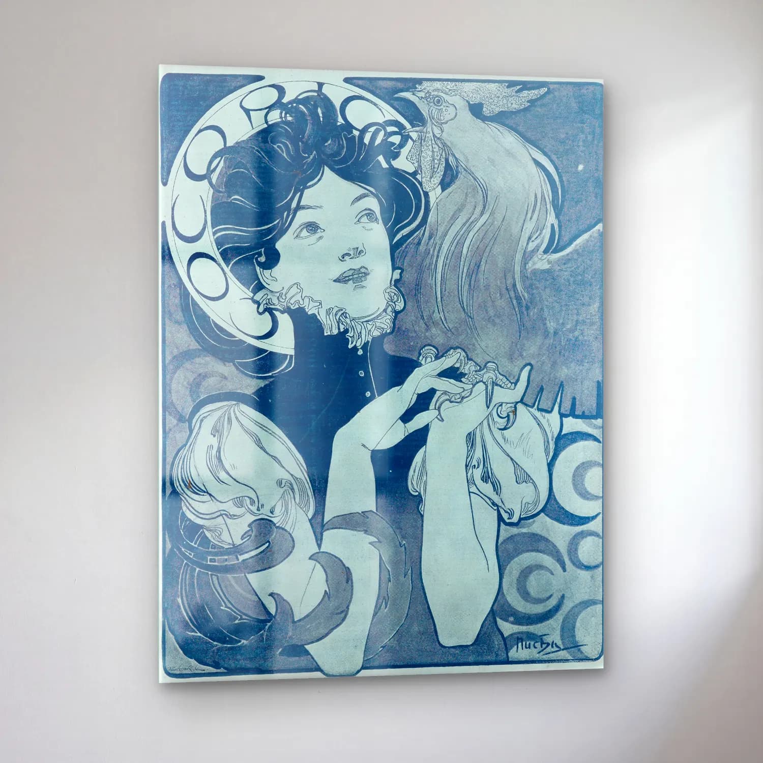 Vintage Poster Kadın Portresi – Mavi Tonlar cam tablo — sol açıdan görünüm