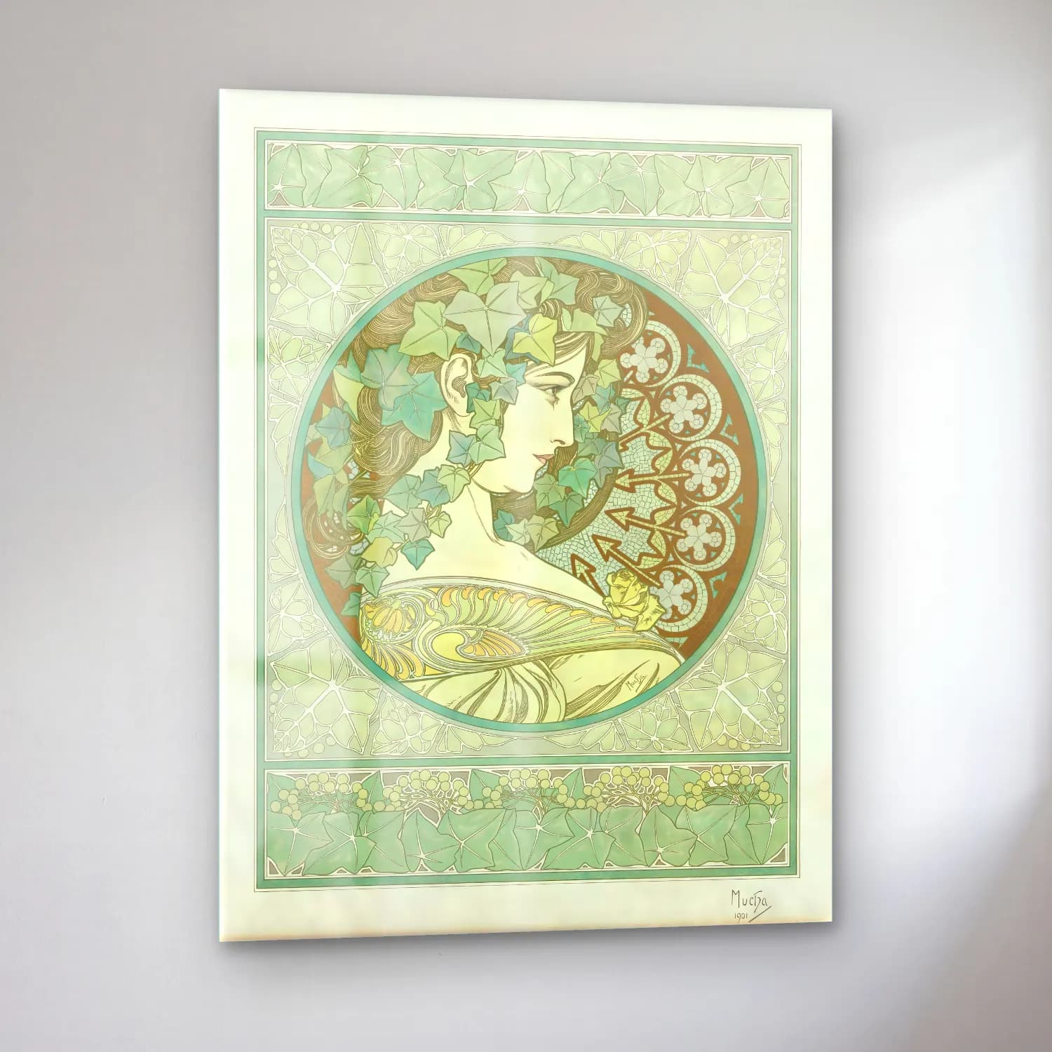 Vintage Poster Kadın Portresi – Yeşil Tonlar cam tablo — sol açıdan görünüm