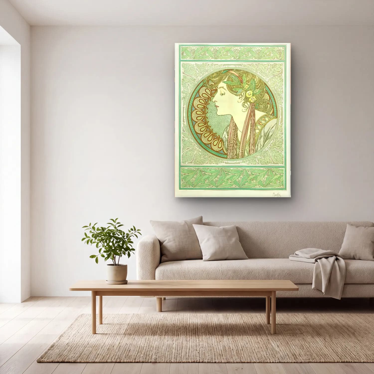 Vintage Kadın Portresi No. 13 cam tablo — açık renk salonda